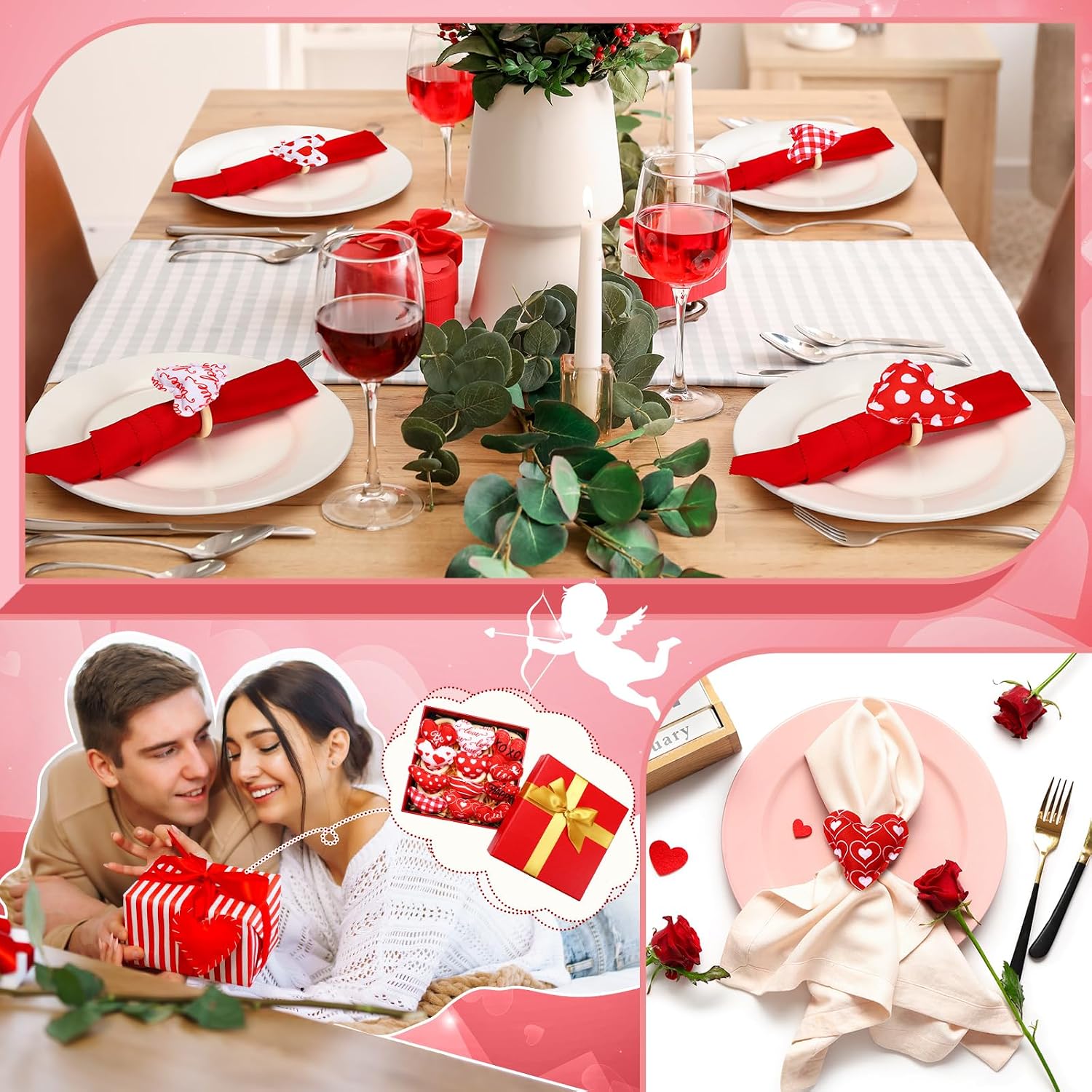 Briwooody Set of 24 Valentine Napkin Rings Red Pink White Conversation Heart Valentines Napkin Rings Holders for Valentine's Day Wedding Anniversary Birthday Party Dining Table Decor