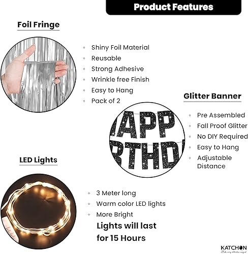 Miniatura 3 de KatchOn, Juego de decoraciones de cumpleaños negras y plateadas, paquete de 5, pancarta de feliz cumpleaños con purpurina, fondo plateado, luz LED
