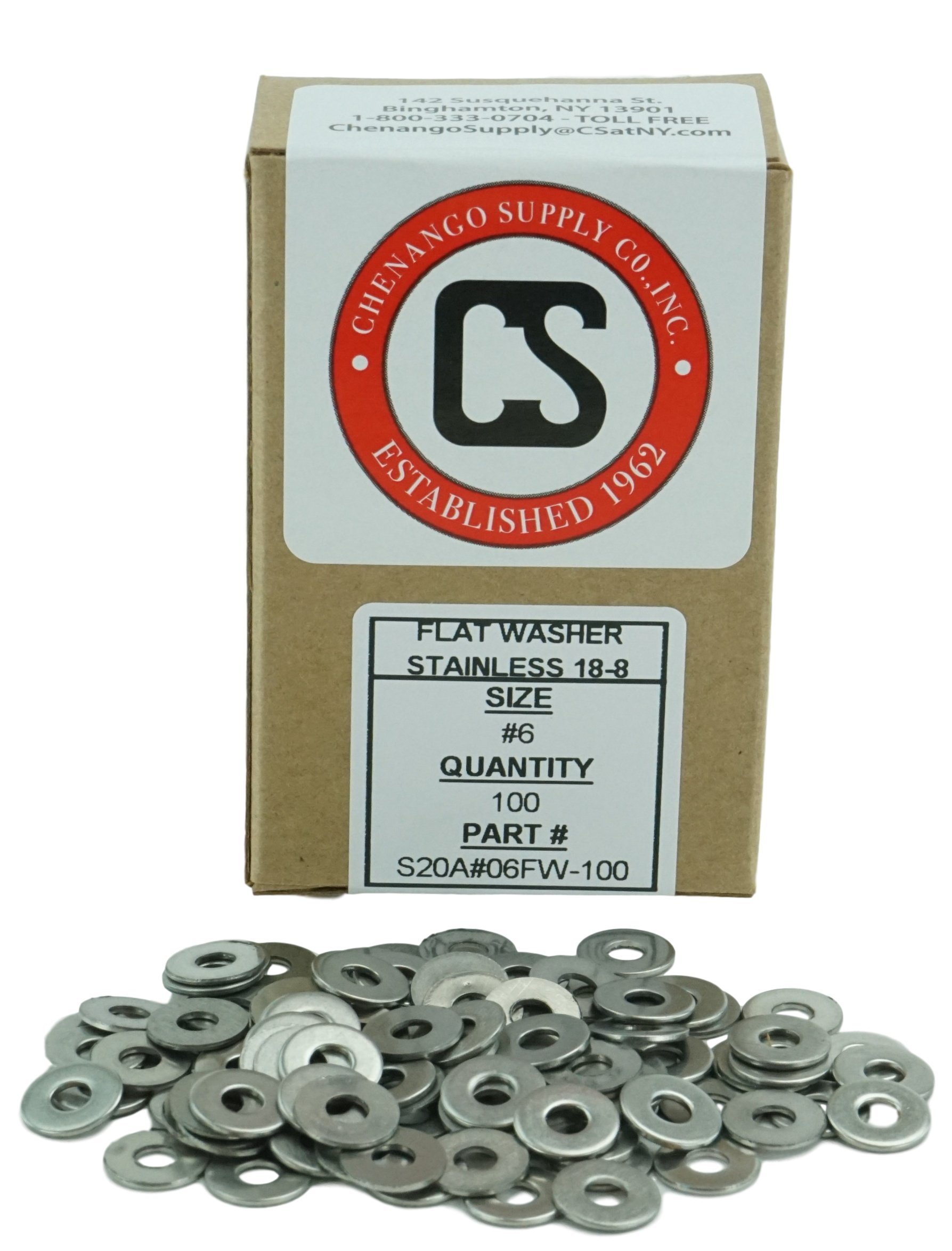 100-Pack: #6 Flat Washers, 18-8 Stainless Steel, .156" ID X 3/8" OD