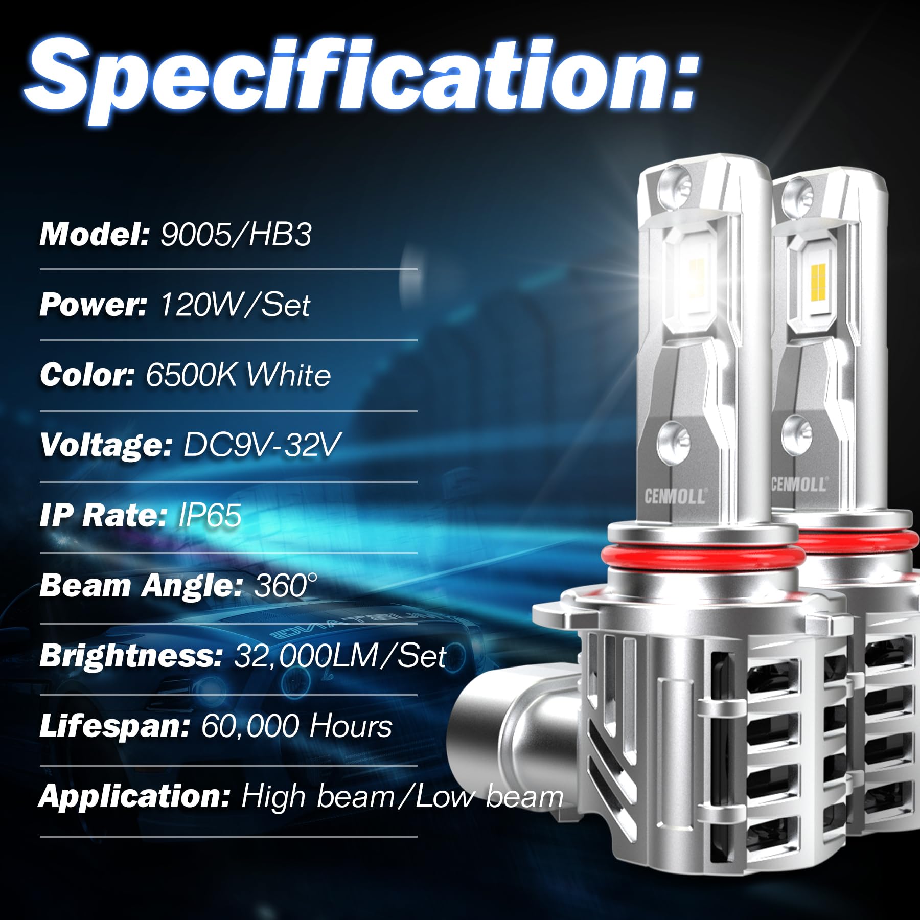Lampadina HB3 Led Canbus, 120 W, 32.000 Lm, 6.500 K (Bianco Freddo) 600% Più Luminosa, 12 V / 24 V Lampadine Led HB3 9005 Senza Errori CAN-Bus Impermeabile IP65 Sostituzione Alogena, 2 Pz