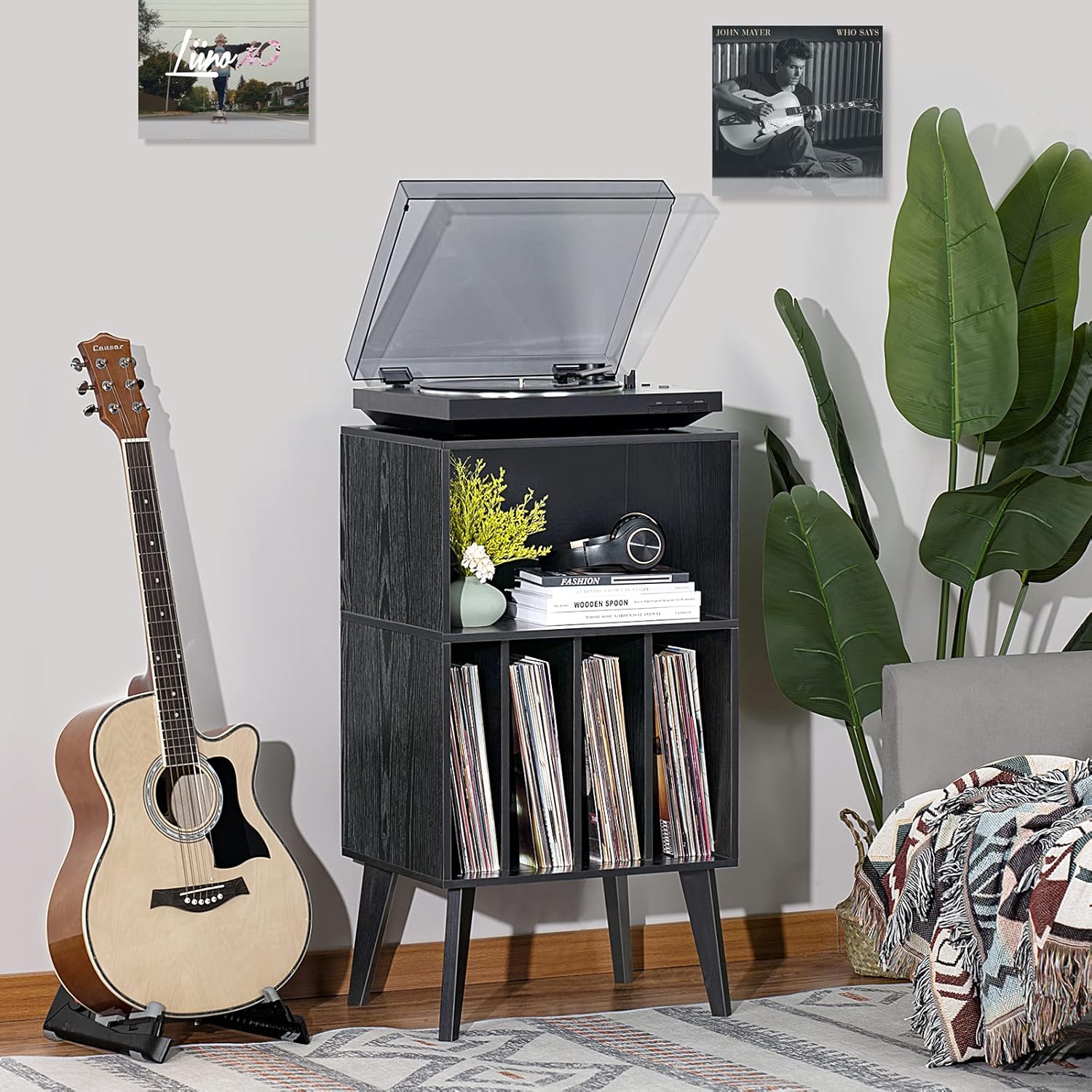 Lerliuo Record Player Stand, Black Turntable Stand Holds up to 160 Albums, Mid-Century Vinyl Storage Cabinet Table with Solid Wood Legs, Record Player Holder Dispaly Shelf for Bedroom Living Room