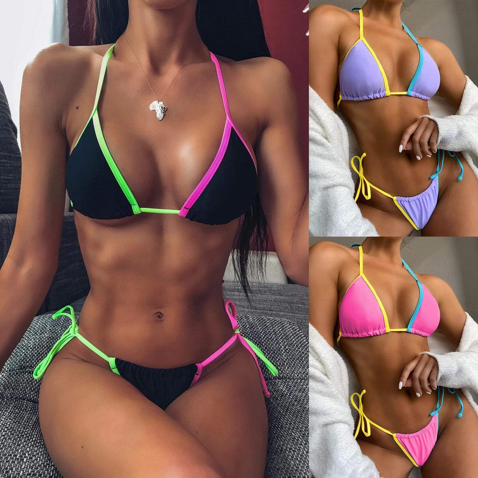 Patchworkowe stringi mikro bikini damskie seksowne bandażowe bikini Set Push Up wyściełane stroje kąpielowe strój kąpielowy z wysokim stanem (kolor: czarny, rozmiar: mały) (różowy S)