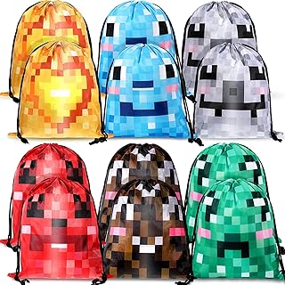 12 Pieces Pixel Mine Bags 10 x 8 Inches Pixel Miner Drawstring Bags Pixel Miner Party Supplies Pixel Style Candy Bags for Kids Teens Adults Video Gamer Birthday Party Favor Supplies
