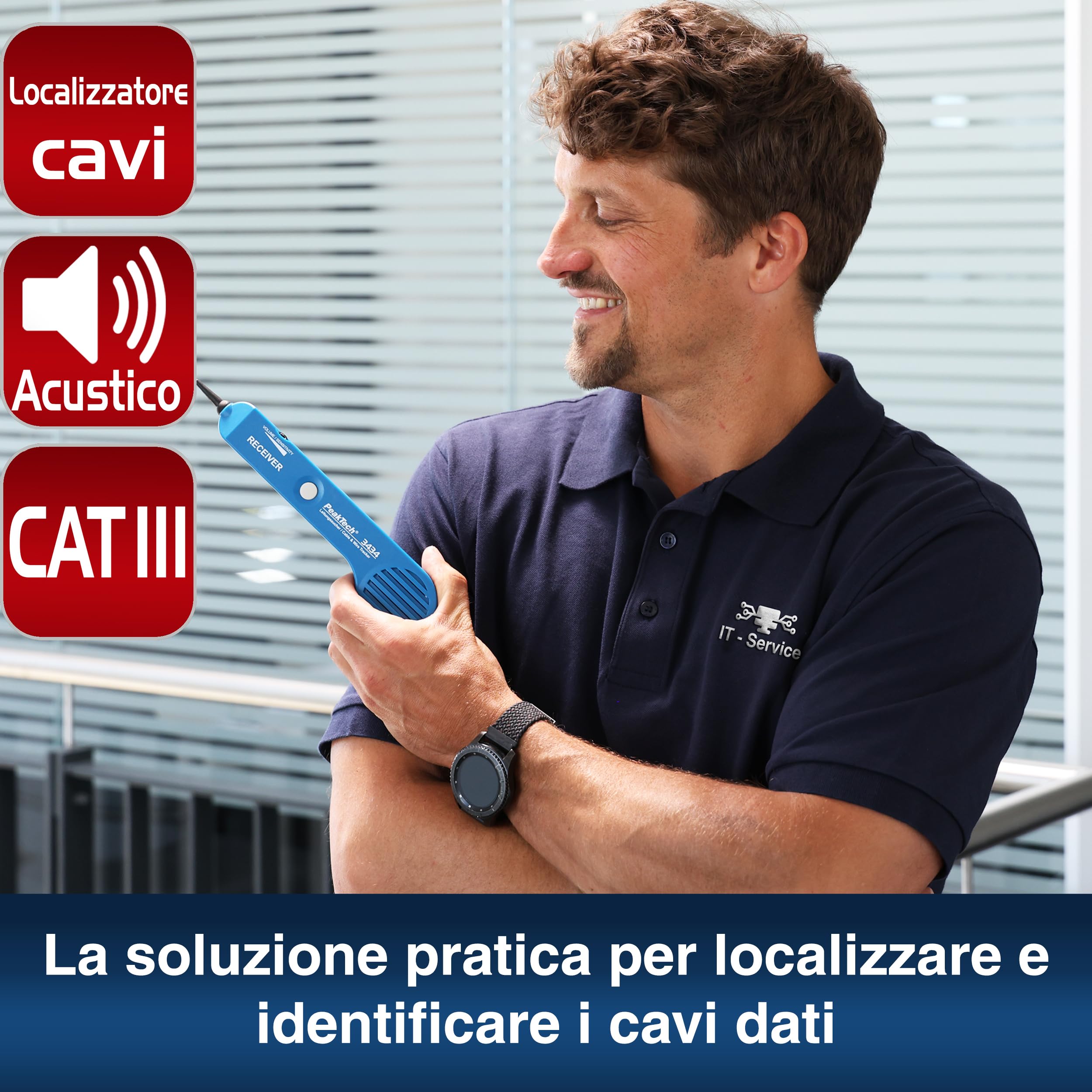 PeakTech 3434 Cercatore di linee per cavi e cavi telefonici [garanzia di 3 anni] Cercatore di linee con tester di continuità e segnale audio, clip a coccodrillo, telefono, RJ11