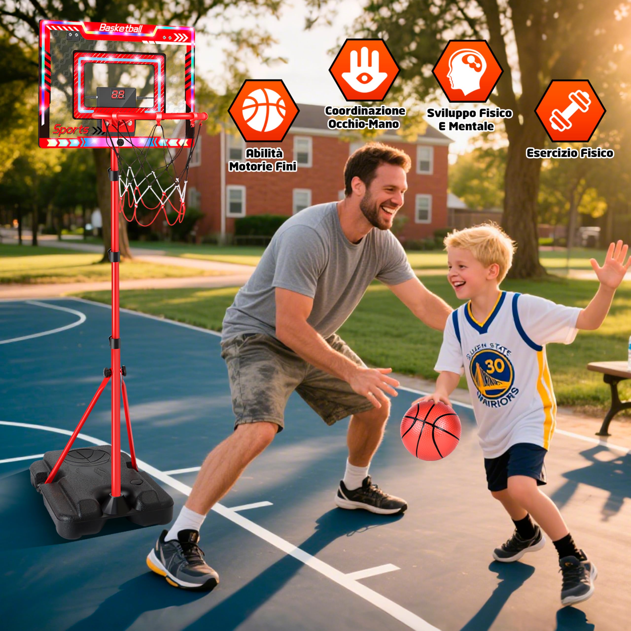 Charmofun Canestro da Basket LED per Bambini, Altezza Regolabile 105-183 cm, 2 in 1 Basket Interno Esterno Con 5 Palline, Musik, Elettronico Punteggio Record, Portatile con Base Zavorrabile