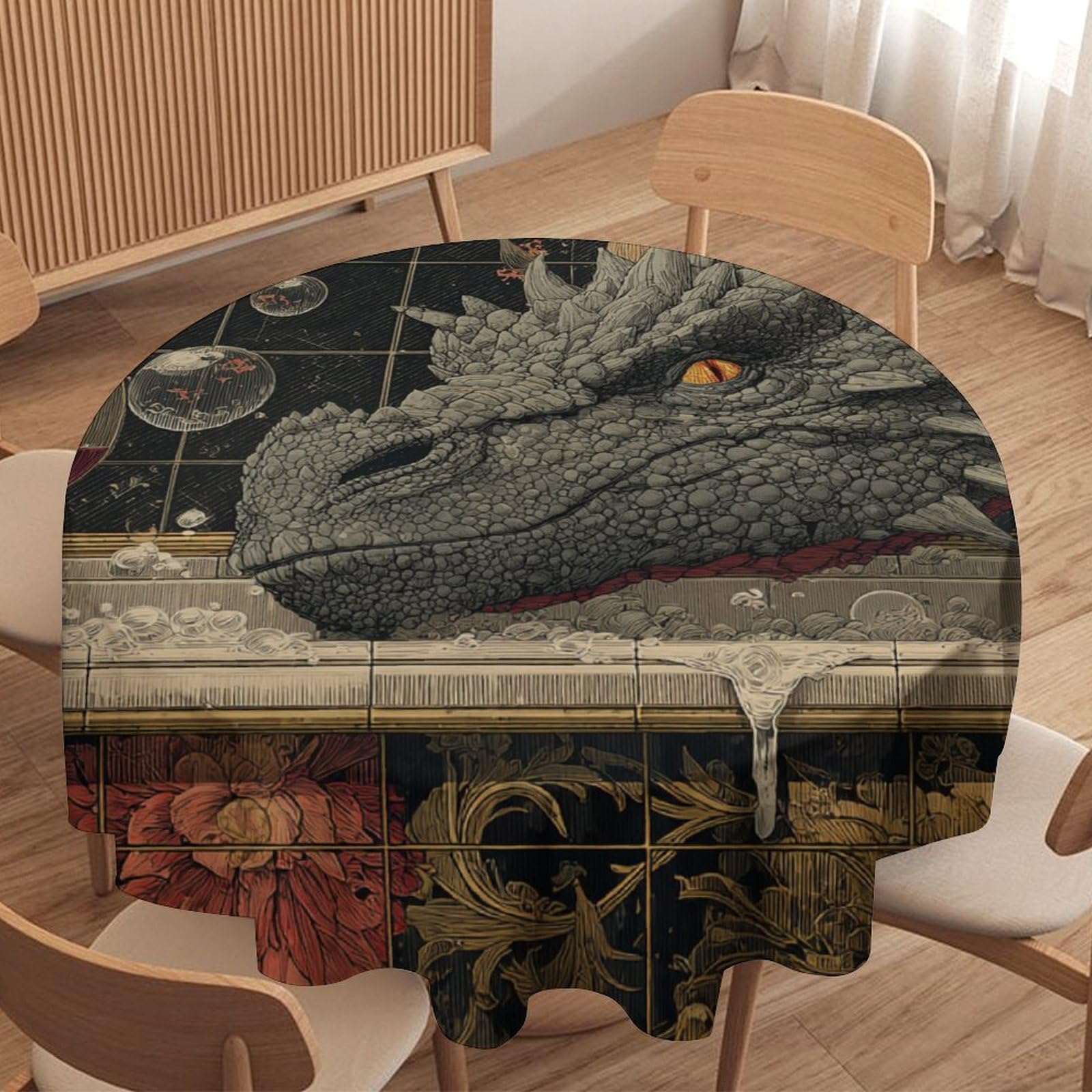 LUYYSKY Elegant Vintage Cool Dragons Waterproof Round Tablecloth Funny Fantasy Bathroom Art Fantasy Animal Dragons Floral Washable Table Cover for Kitchen-127 Wx127 L cm