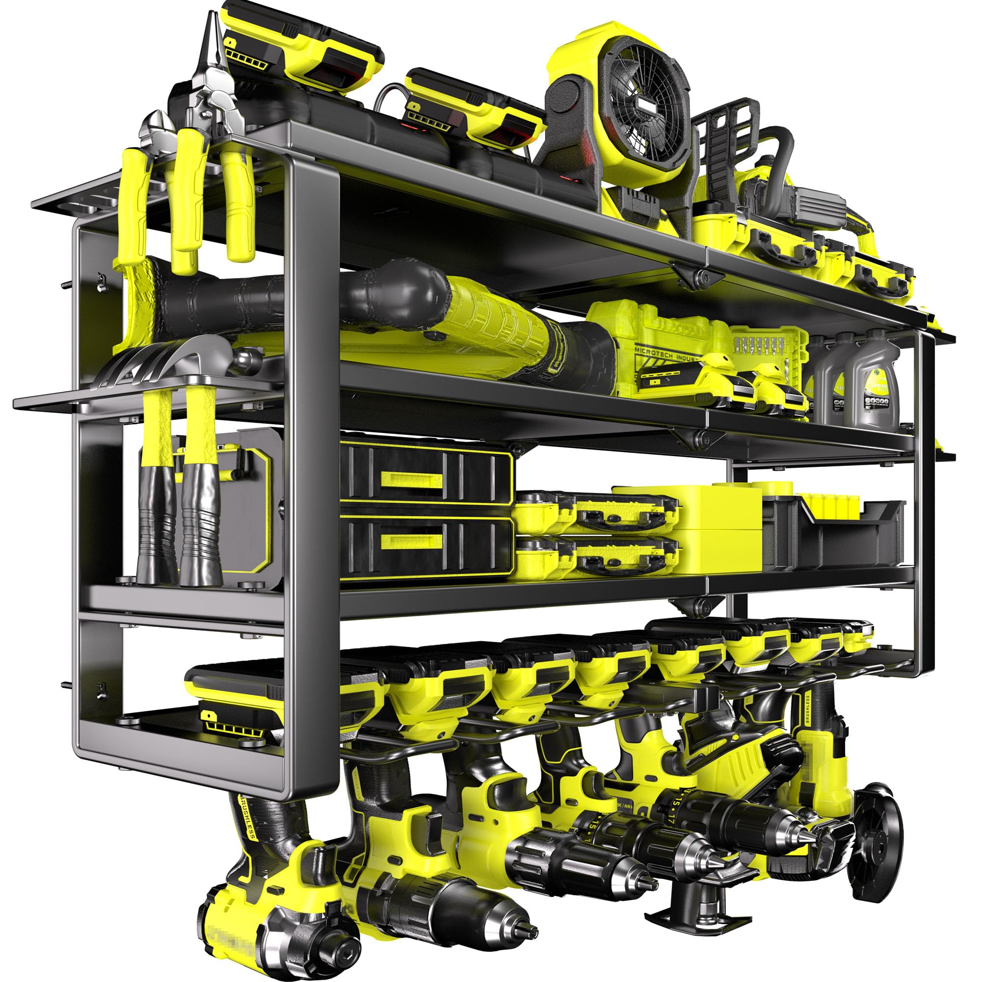 Heavy Duty 4-Tier Power Tool Organizer Wall Mount Rack, Quick Assembly Tool Wall Organizer with 8 Drill Holders & Charging Station, for Garage Workshop Shed Organization - 4 Shelves 8 Slots