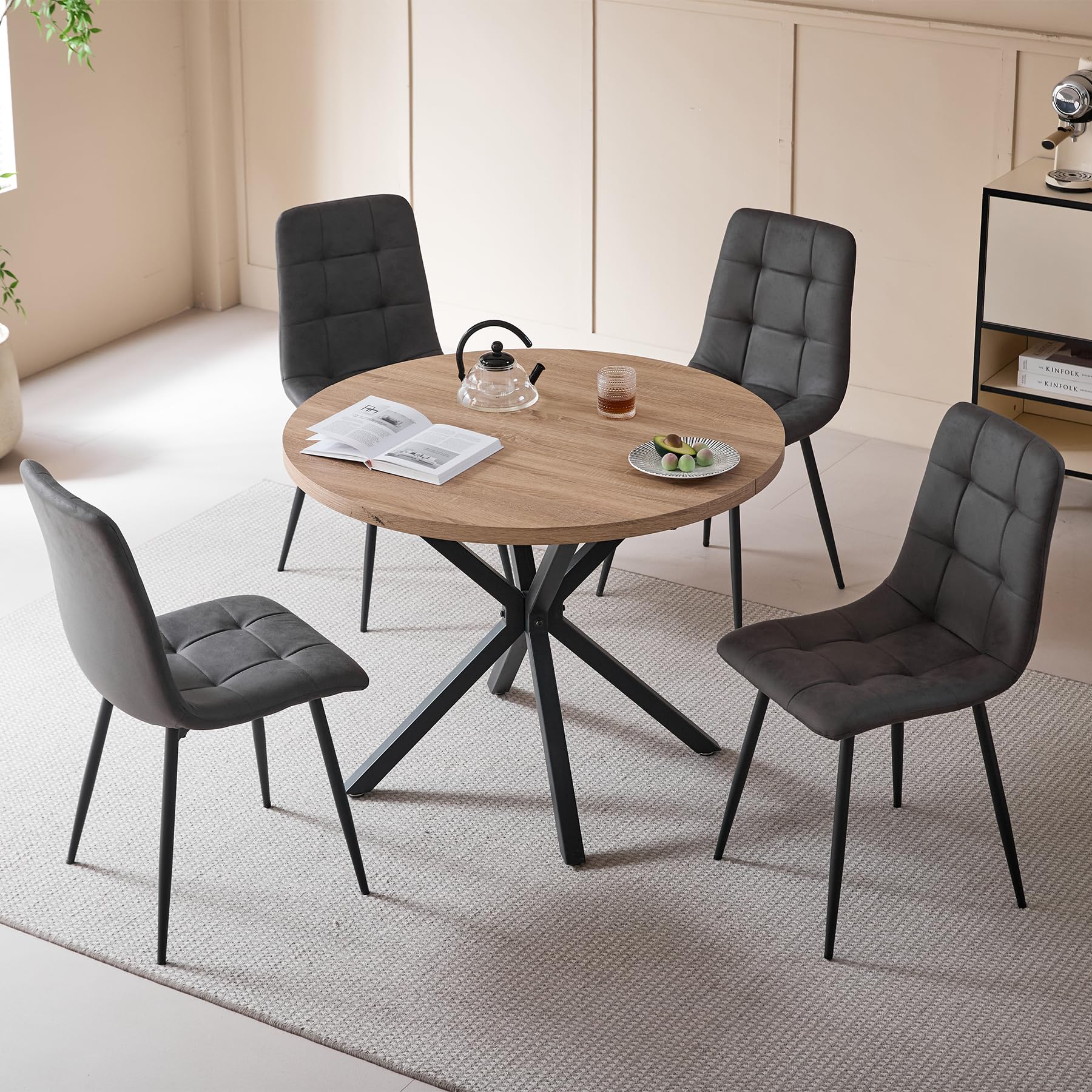 DEYARNA Ensemble de salle à manger 5 pièces ronde 100 cm 4 chaises cuir synthétique cuisine salon balcon restaurant bureau (couleur bois clair + gris foncé)