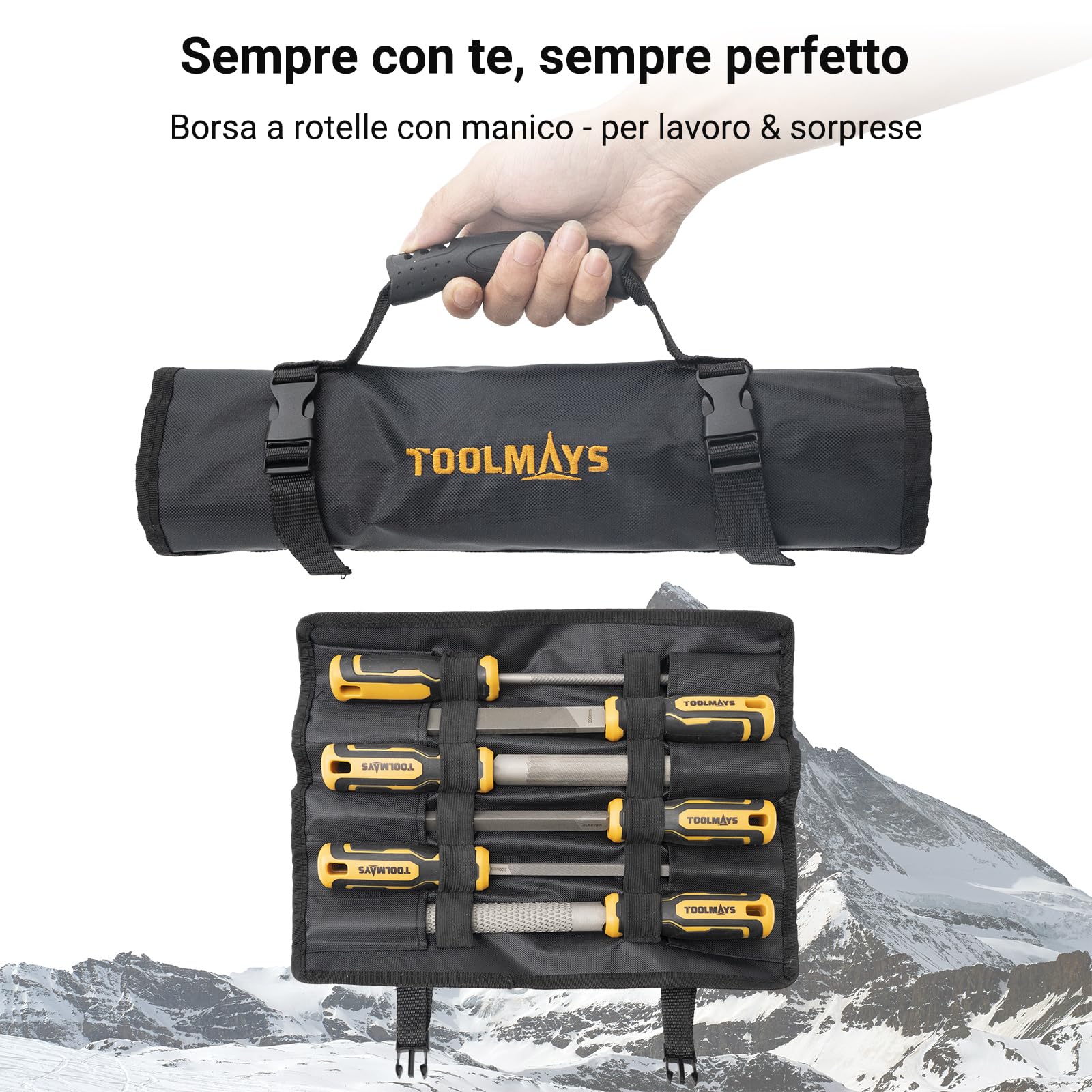 Set di Lima per Metallo e Legno 6 Pezzi, Raspa Legno con Custodia Arrotolabile, Manico in Gomma, Acciaio al Carbonio Alta Resistenza Lima Ferro Rotondo Semitonda Piatta Triangolare Quadrate