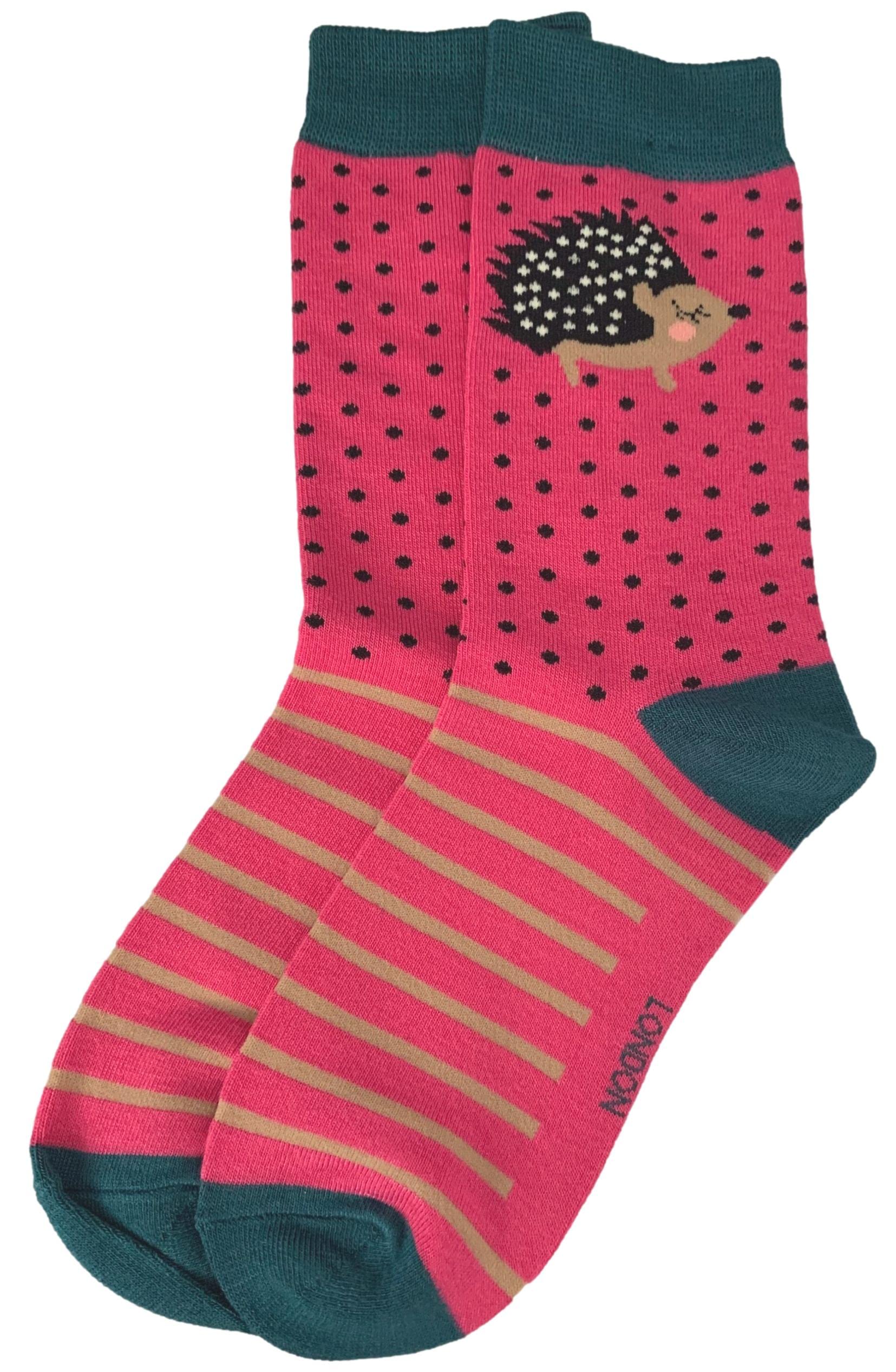 Purple Possum® Hedgehogs Socks Women's Hot Pink and Blue Coloured Hedgehog Pattern Cotton Bamboo Blend Size 4-7