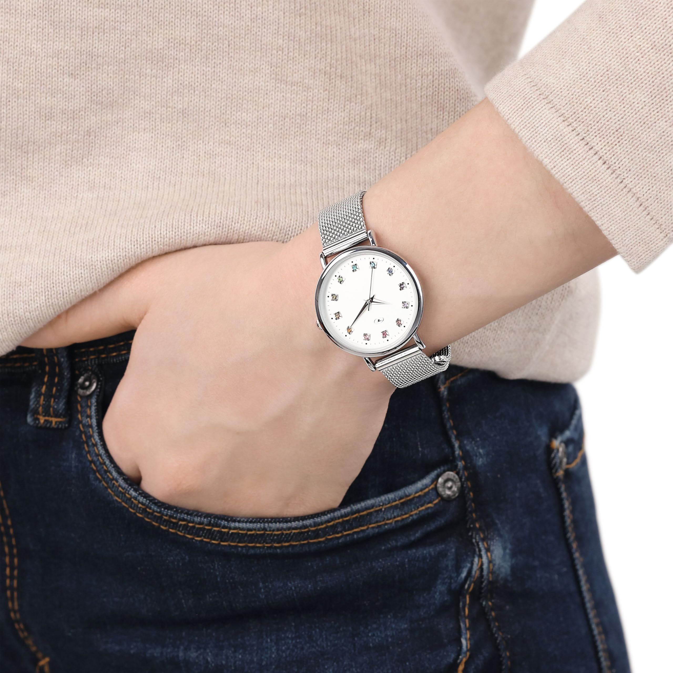 Tom Tailor Armbanduhr mit Metallband für Damen, mit Kristall, Silber, wasserdichte 3 bar, Geschenkidee, kommt in Uhren Geschenkbox, 2100499