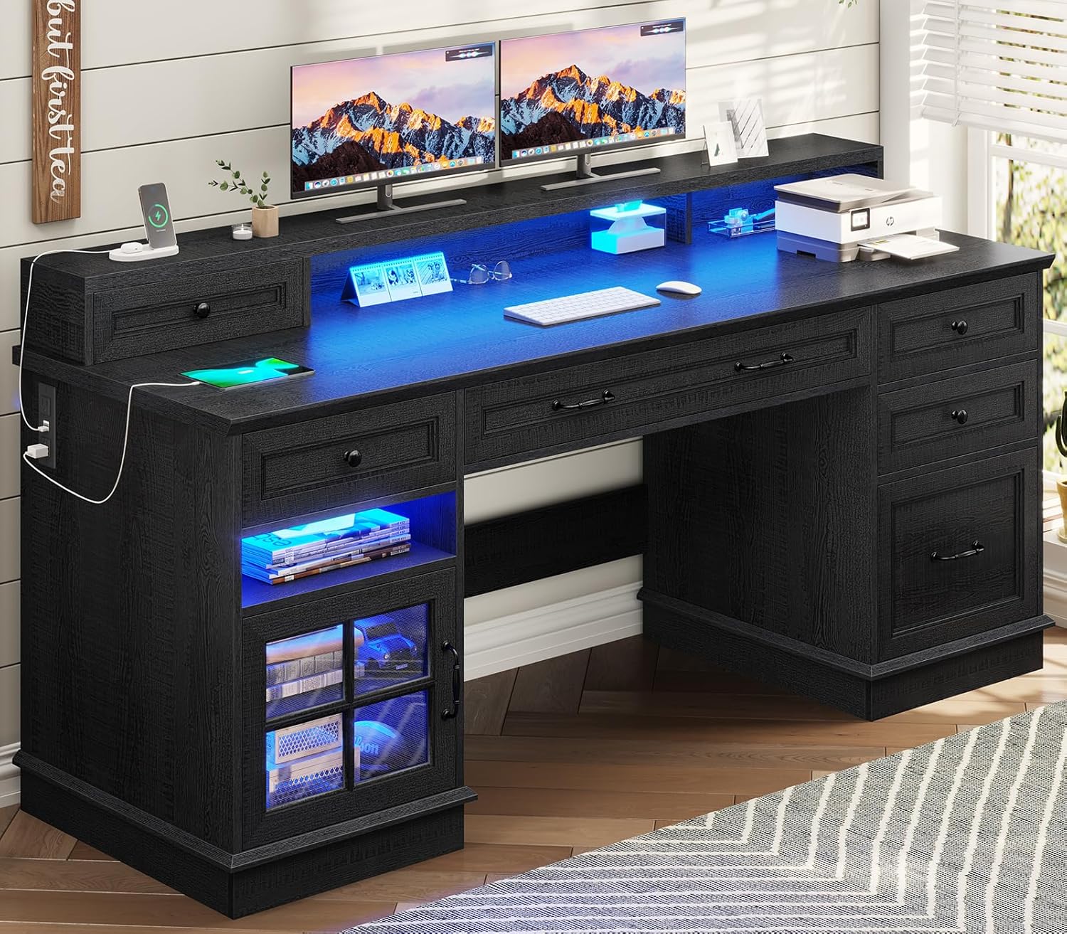 BTHFST 59.1" Executive Desk with File Drawer, Home Office Desk with Charging Station & LED Lights, Computer Desk with Drawers & Storage Cabinet, Executive Office Desk with Monitor Stand, Black