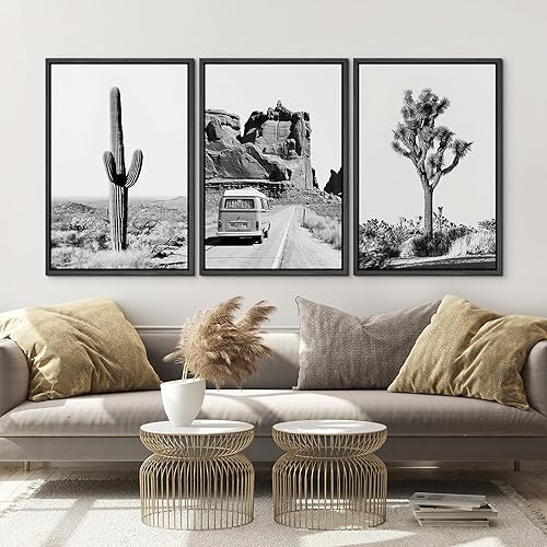 Miniatura 3 de NWT Conjunto de impresiones en lienzo enmarcado para pared, paisaje del desierto en blanco y negro, árbol de Joshua, naturaleza, vida silvestre,