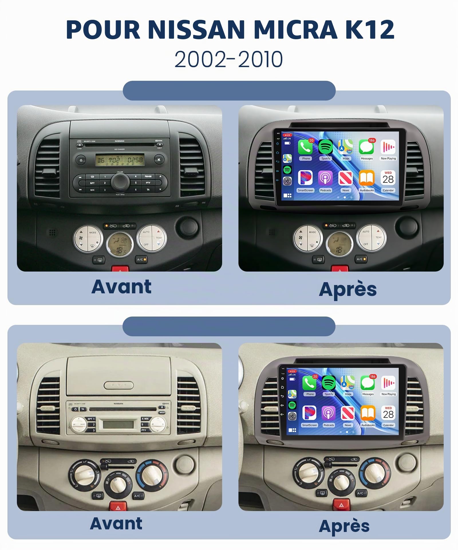 Rimoody Autoradio pour Nissan Micra K12 2002-2010 Carplay sans Fil, 9 Pouces Écran Tactile IPS, 2 Din Radio avec Android Auto, Mirror Link, Bluetooth, FM/RDS, DSP, Commandes au Volant Caméra de Recul