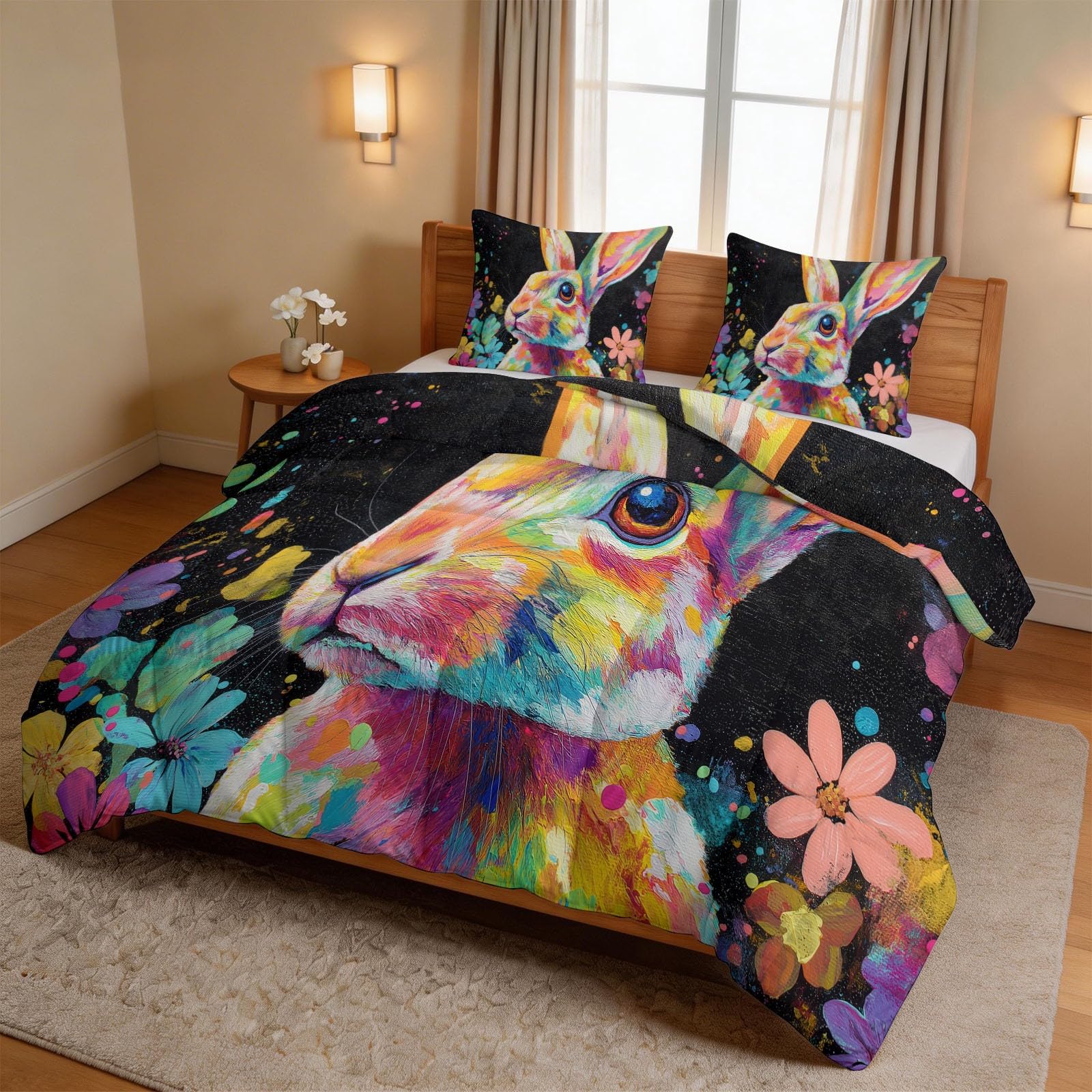 Kołdra 220 x 240 cm z 2 poszewkami na poduszki 50 x 80 cm, kreskówka zwierzęta królik czarny 400 g/m2 - hipoalergiczna kołdra z mikrofibry na cztery pory roku - miękki efekt pióra, oddychająca i