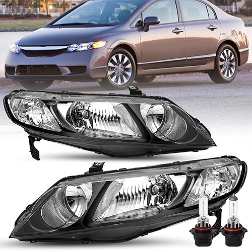 Juego de montaje de faros delanteros compatible con Honda Civic Sedan 2006-2011 de 4 puertas con bombillas, carcasa negra y reflector transparente