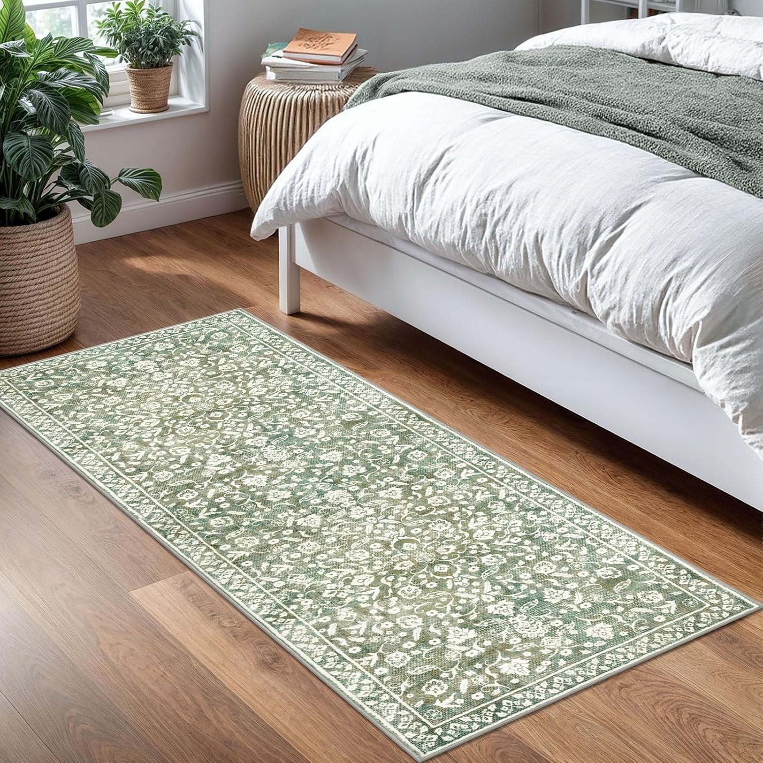 Vintage Washable 2x5 Rug Runner, Sage Green Beige Runners for hallways, Super Soft Kitchen Runner Rug Non Slip, Print Faux Wool Floral Thin Carpet Runner for Entryway Indoor Bedroom
