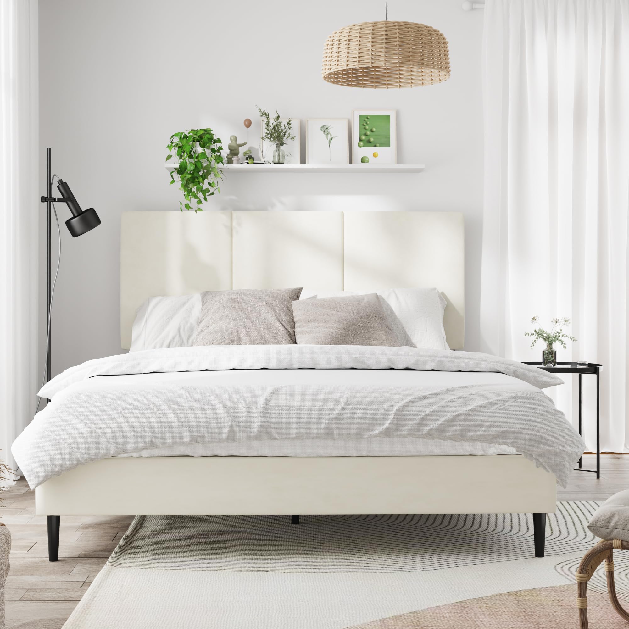 Base de cama tamaño Queen con cabecero, marco de cama de plataforma Queen de canal vertical, no requiere resortes, fácil de montar, beige