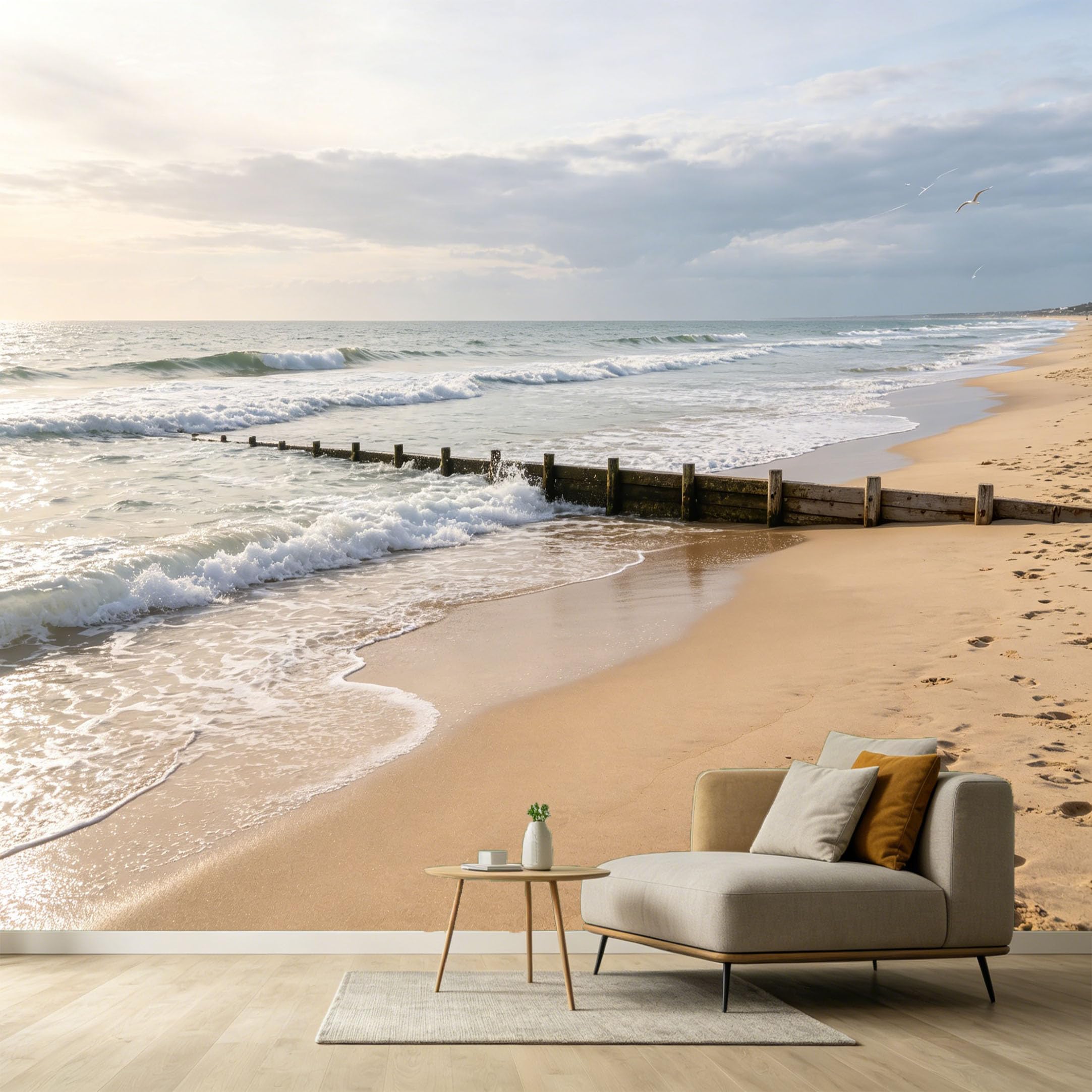 Custom Size Wall Murals Coastal Ocean Marine Shoreline Sand Waves Timber Groyne SelfAdhesive Wall Fabric Removable Large Wallpaper for Photo Living Room Interior Decor