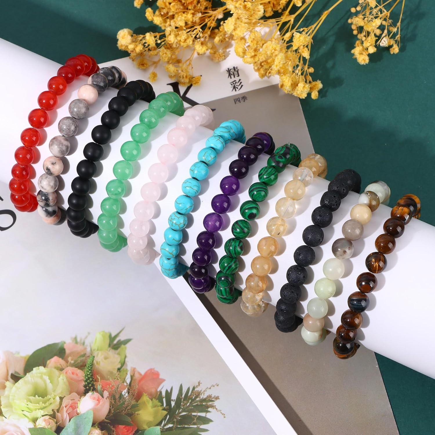 SONNYX 12 Pcs Crystal Stone Bracelets for Women Men Semi-Precious Gemstone Bracelets 8mm Stone Beaded Bracelets Round Beads Stretch Bracelet Jewelry - Image 6