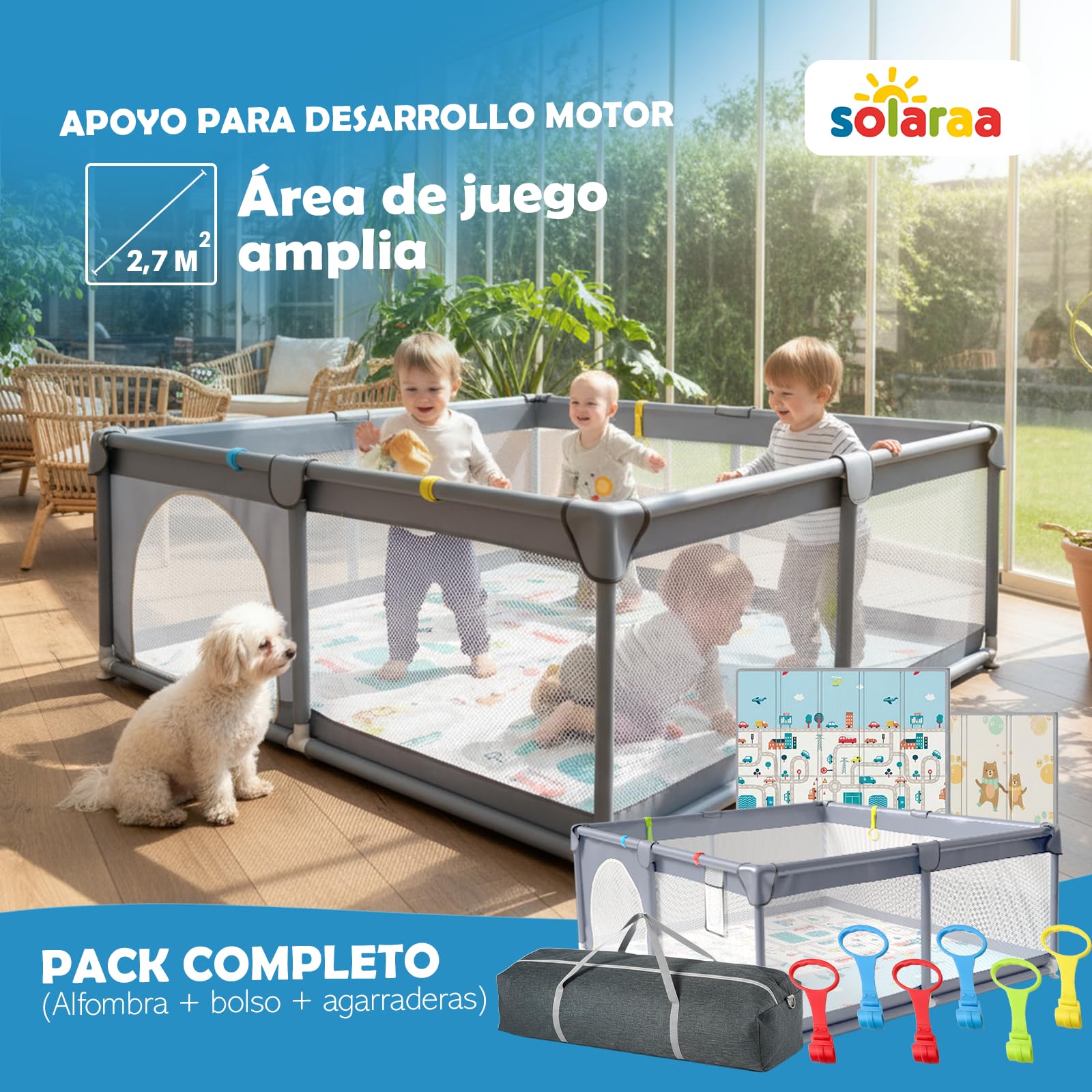 Corralito Bebé XL 150×180 cm + Alfombra Acolchada Reversible+6 Asas de Agarre + Bolsa de Transporte | guia didactica infantil+Contraste Libros de Tela Bebé