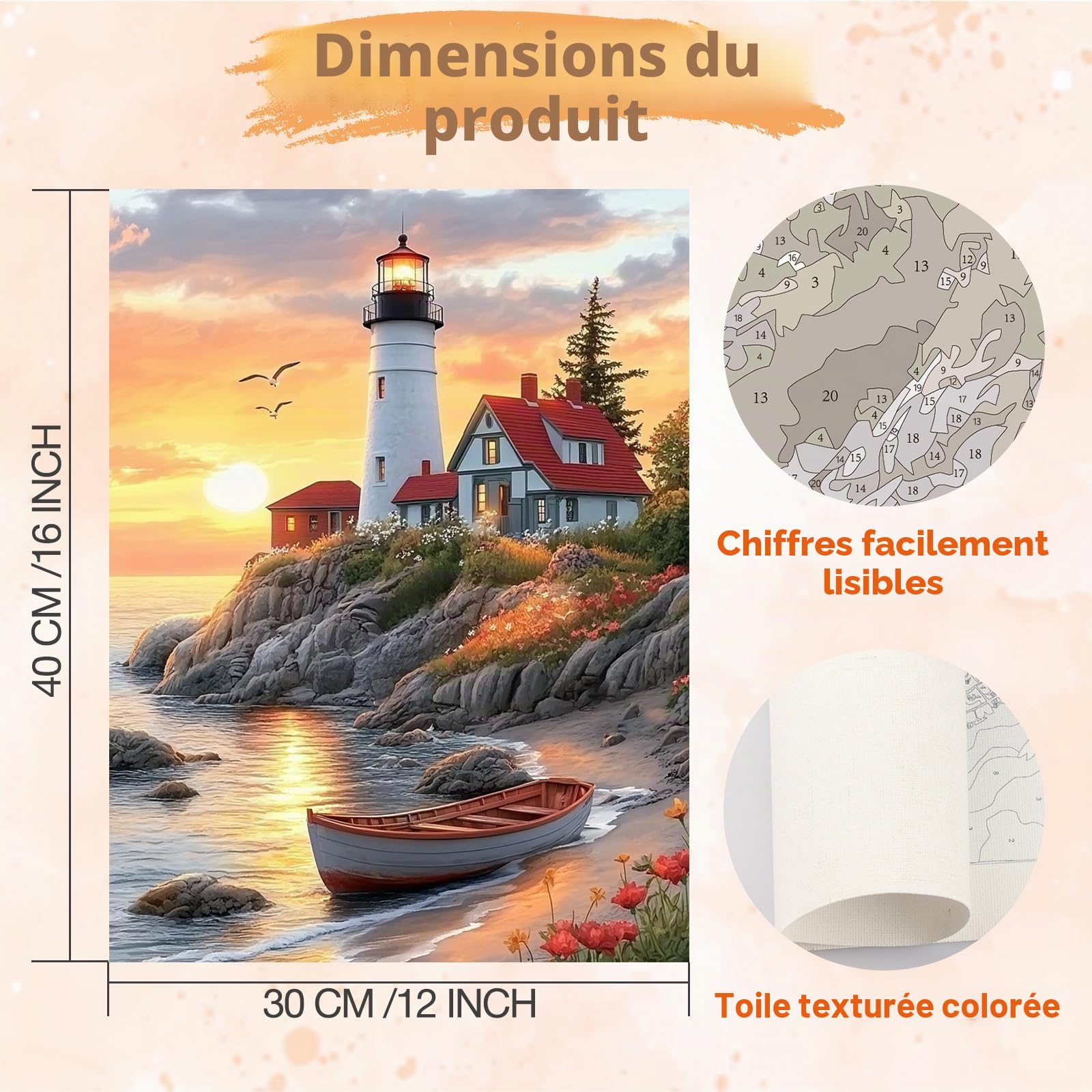 KEYIFA Coucher Soleil Phare Peinture par Numéros pour Adulte, Kits de Peinture au Numéro avec Acrylique, DIY Plage Creatif Toile Paint by Numbers Kits, Décoration de Maison 30x40cm