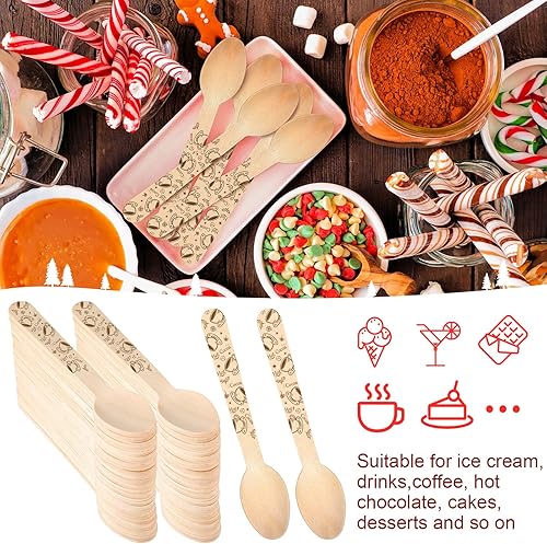 Miniatura 5 de Paquete de 100 cucharas de madera desechables de Navidad, tazas de cacao, cucharas con patrón de copos de nieve, cucharas de degustación de madera