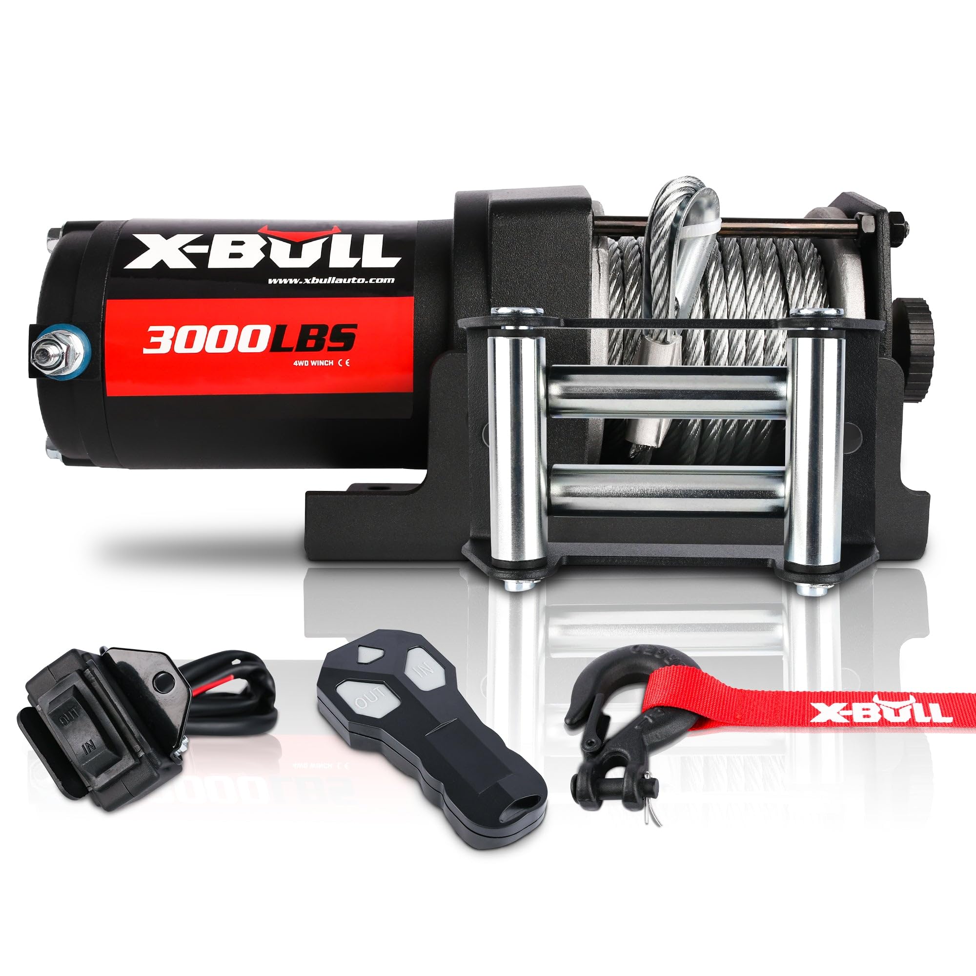 X-BULL Wyciągarka elektryczna do quada - Siła uciągu 3000 funtów (1360 kg) - Elektryczna wciągarka linowa - Pługi, UTV, ATV, Quady, Terenowe - 29 x 11 x 11 cm - 12 V, Czarny