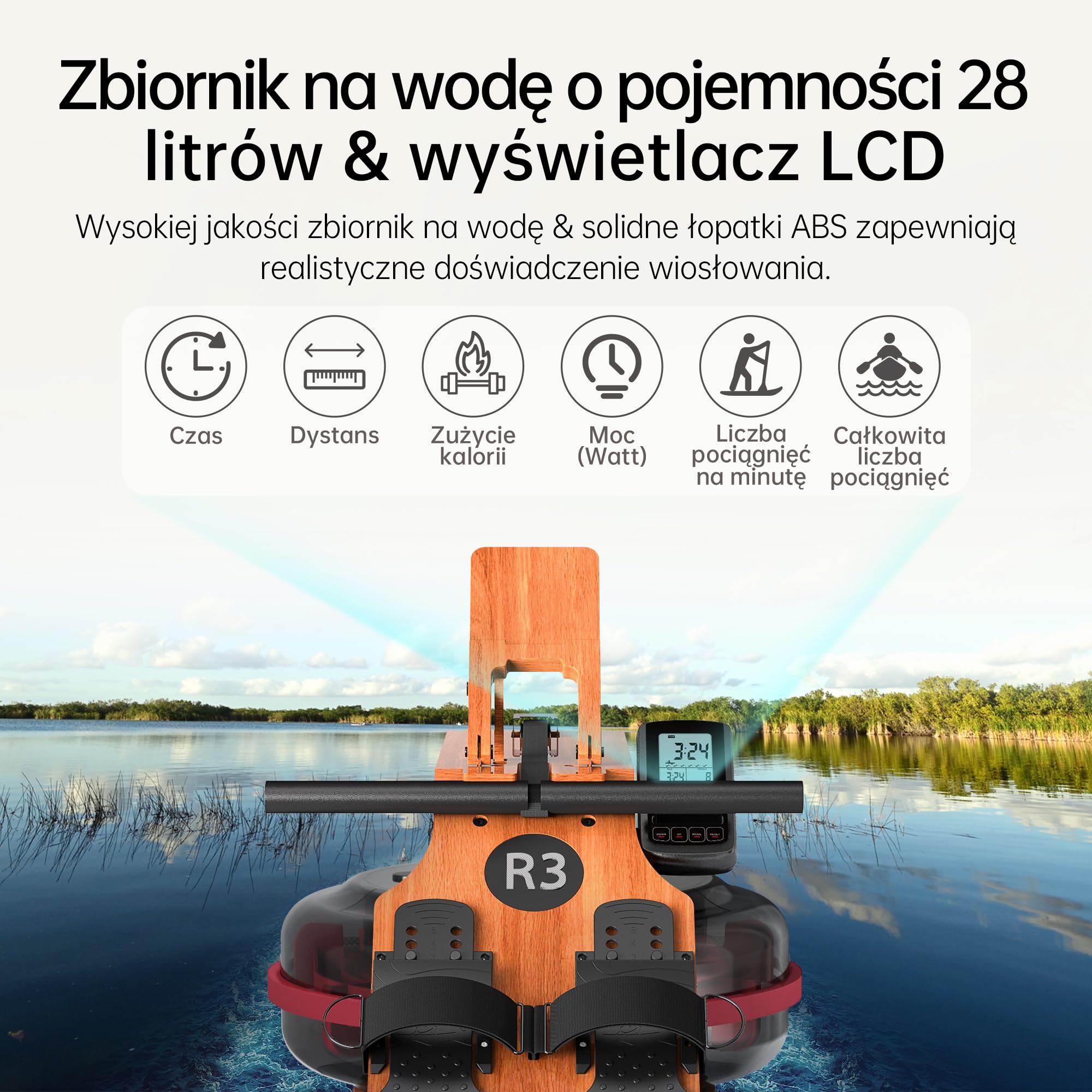 R3 składany wioślarz z drewna dębowego, LCD Bluetooth, kompatybilny z Kinomap, zbiornik 28 l, maks. obciążenie 150 kg, ergonomiczne siedzisko, regulowany uchwyt na tablet.