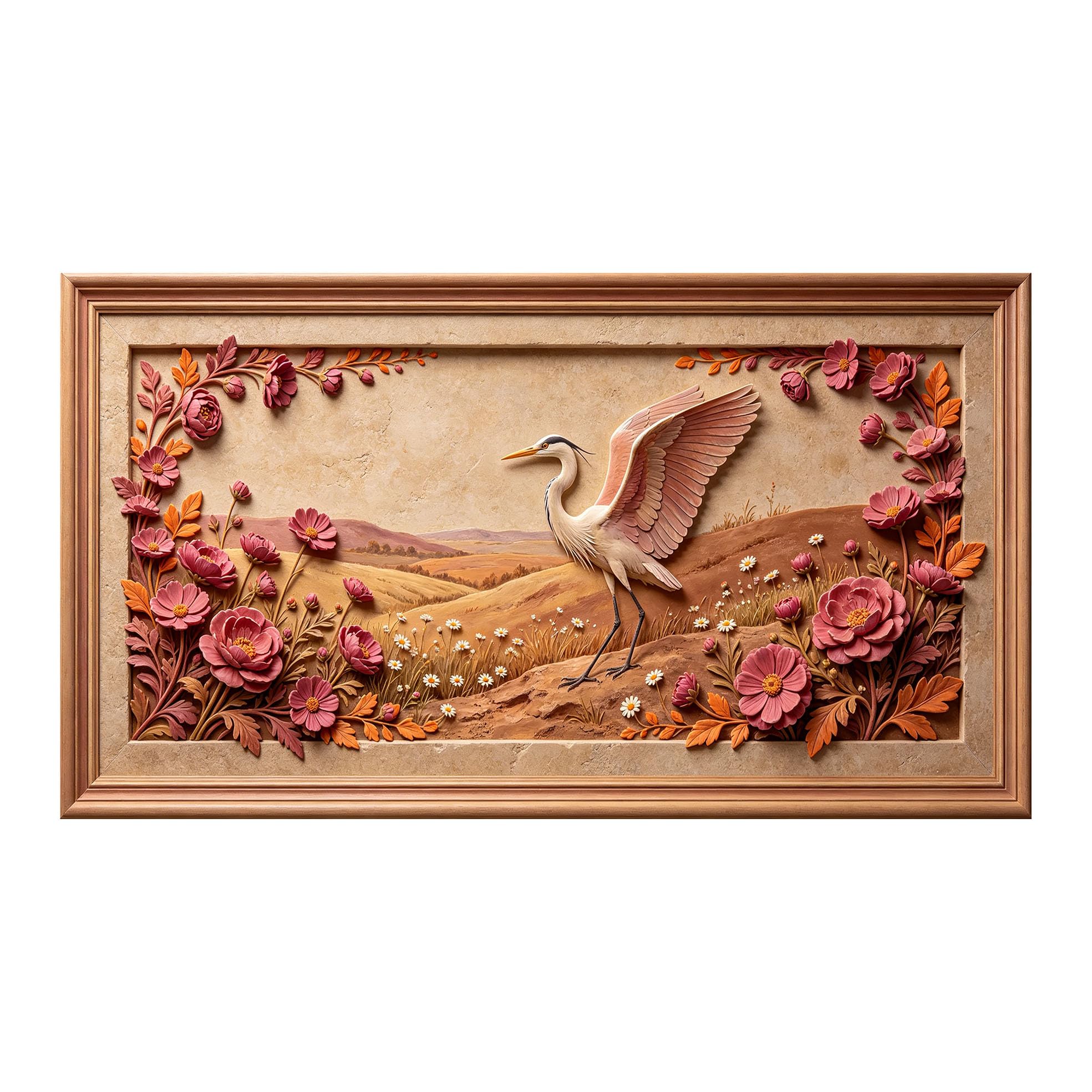 Murasolite 3D 3D Framed Wall Art 50cm×90cm Pastoral Landscape Heron and Floral Relief Effect SelfAdhesive Fabric Mural Wall Decor, Peel and Stick No Damage to Wall for Bedroom Living Room
