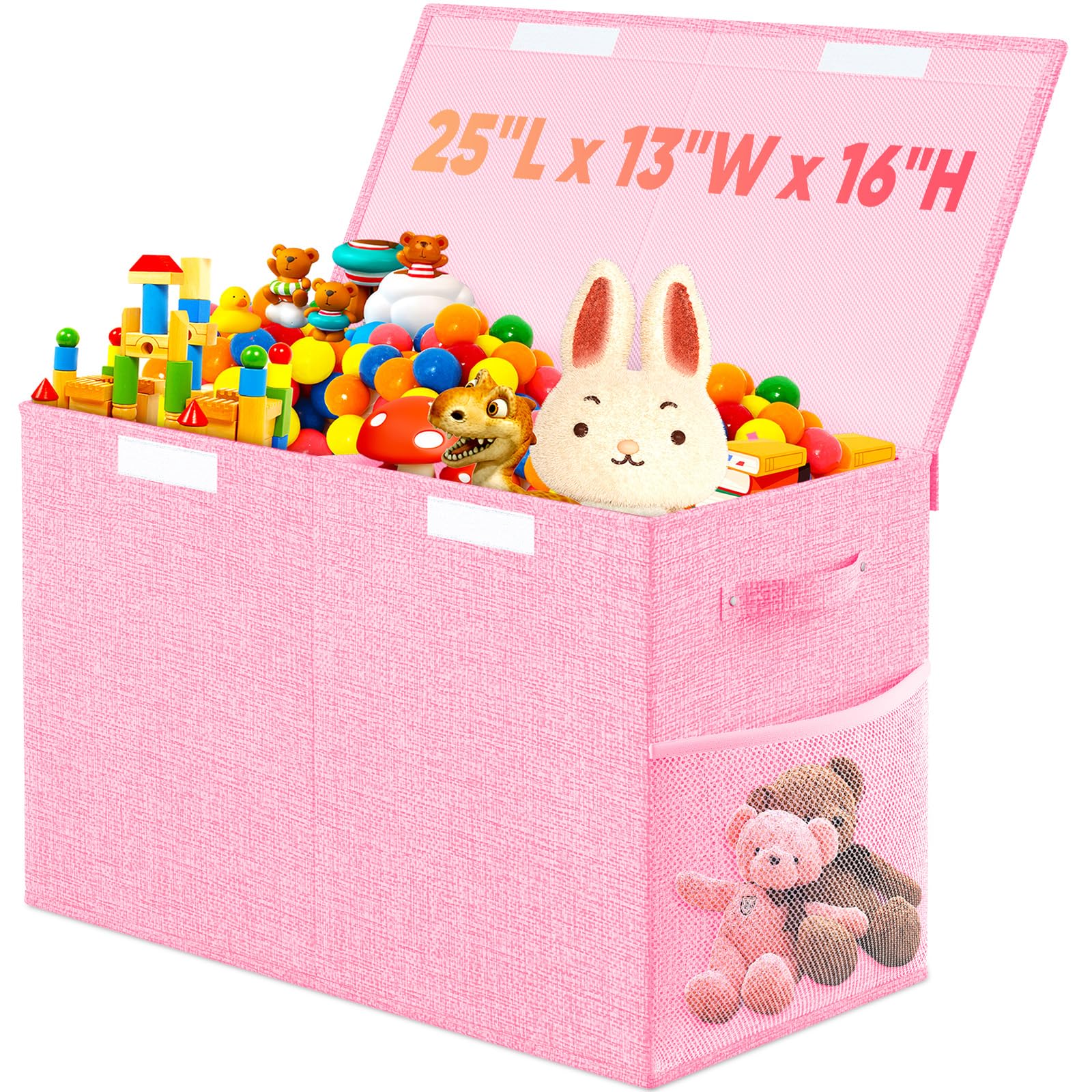 Large Toy Storage Box with Lid Divider, Sturdy Collapsible Toys Organizer Chest Kids Storage Bins Boxes Baskets for Boys, Girls, Nursery, Bedroom, Living Room, Playroom, 25"x13"x16", Pink