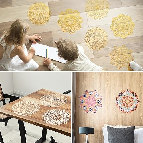 Miniatura 5 de Paquete de 9 plantillas de mandala de 12 x 12 pulgadas para pintar en madera, piso, pared, tela de azulejos, plantillas reutilizables para muebles