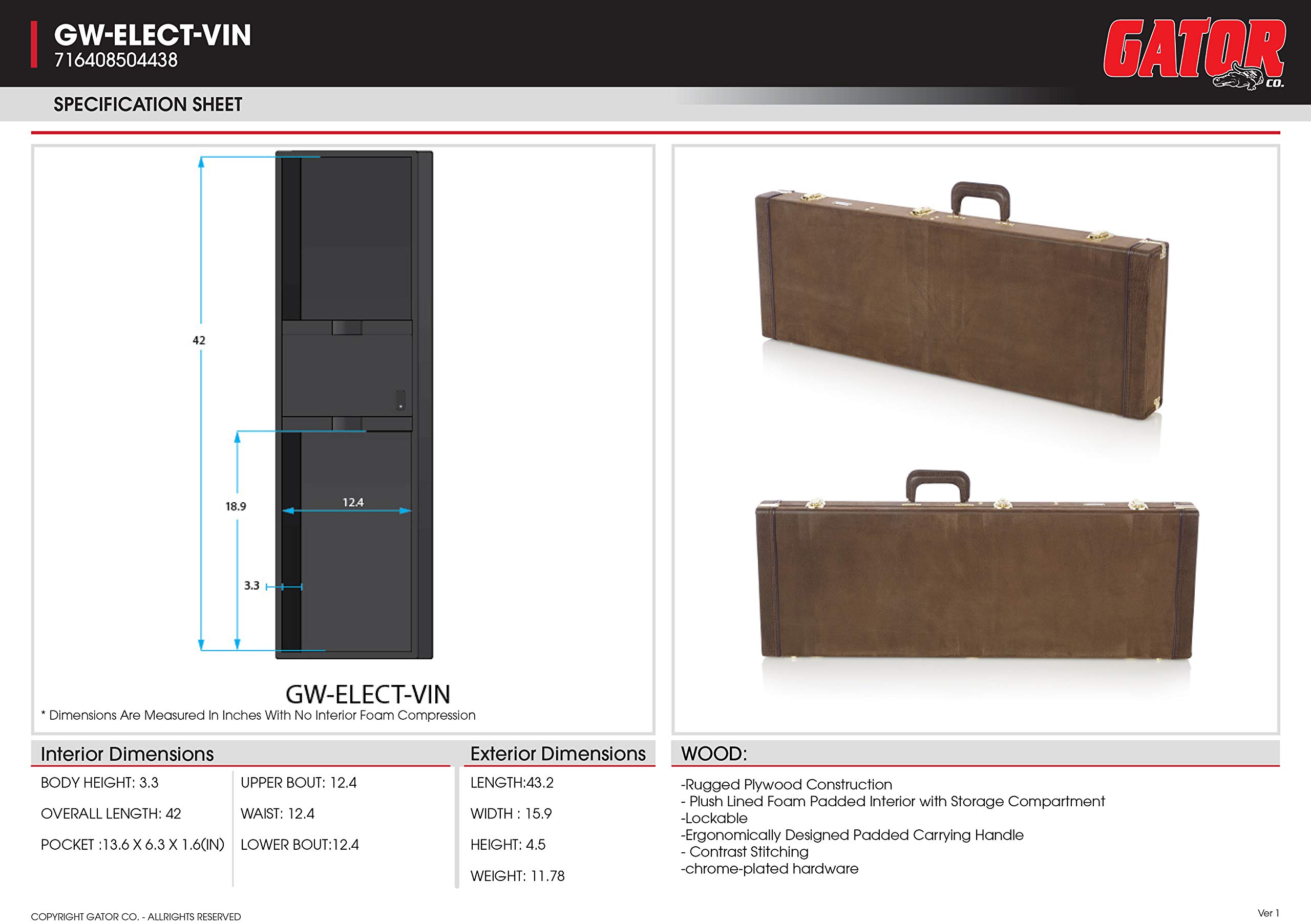 Gator Cases Deluxe walizka na gitarę standardową elektryczną w stylu vintage, brązowa (GW-ELECT-VIN)