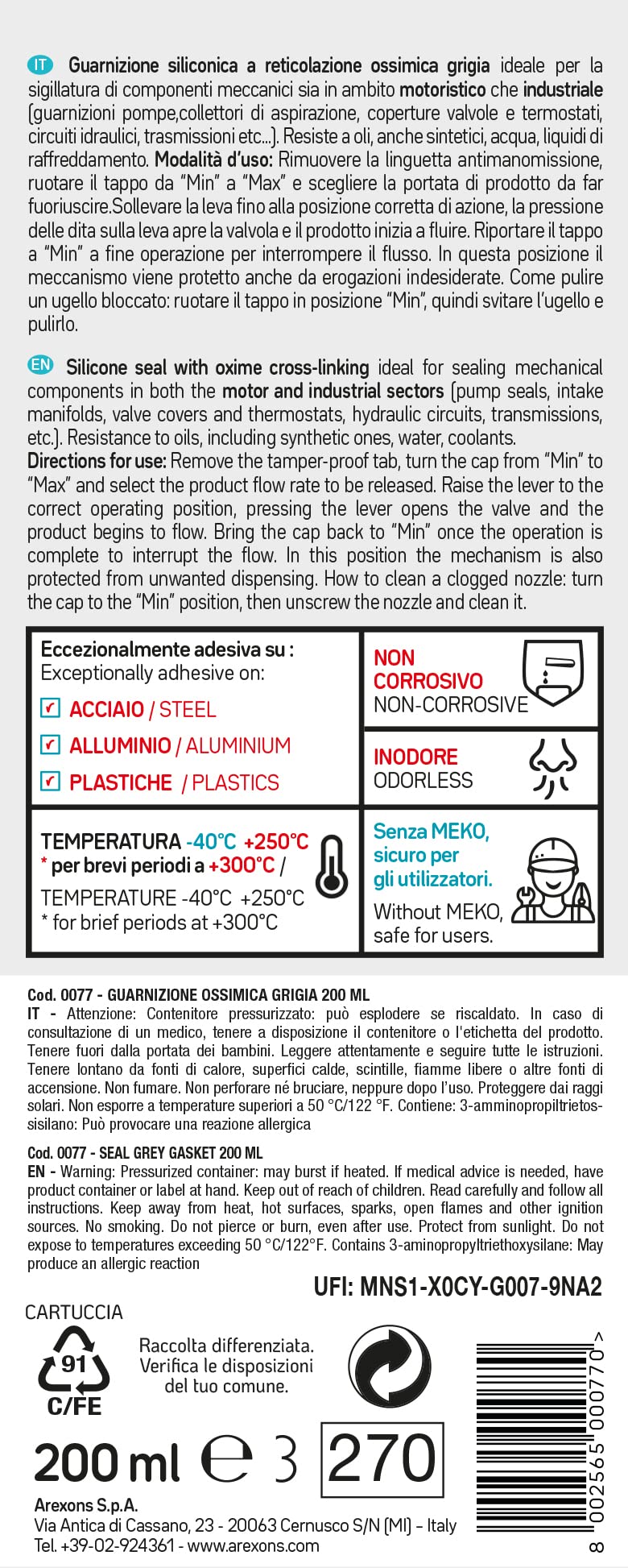 AREXONS 0077 Oximic PRO 200 ml, Guarnizione Siliconica Grigia RTV a Reticolazione Ossimica, Silicone per Guarnizioni, Alte Prestazioni, Tecnologia Ossimica MEKO Free Non Corrosiva, transparente