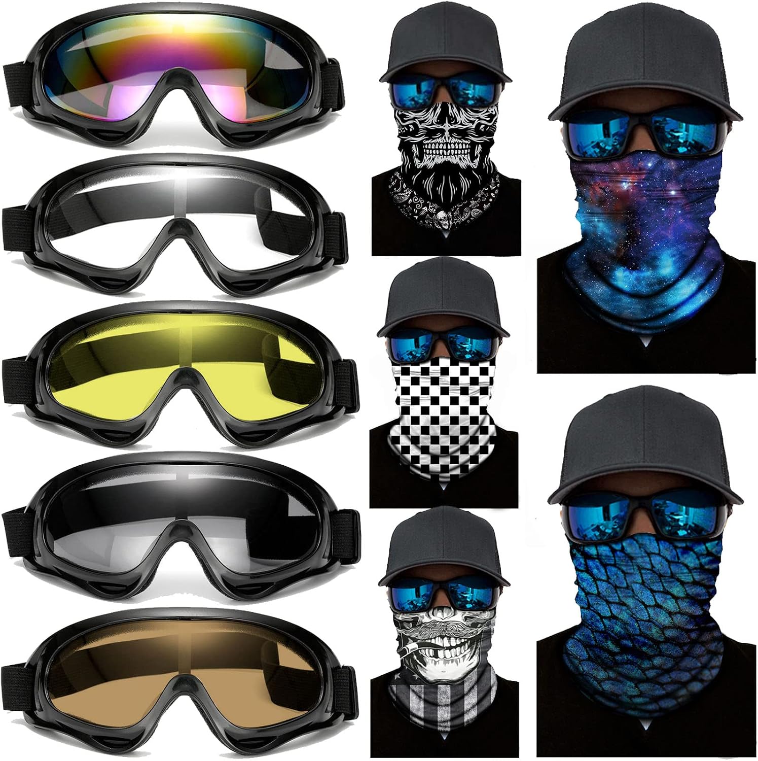 10 Packs Motorcycle Accessories, 5PCS Dirt Bike Ski Goggles Dustproof Windproof Safety Glasses and 5PCS Face Masks