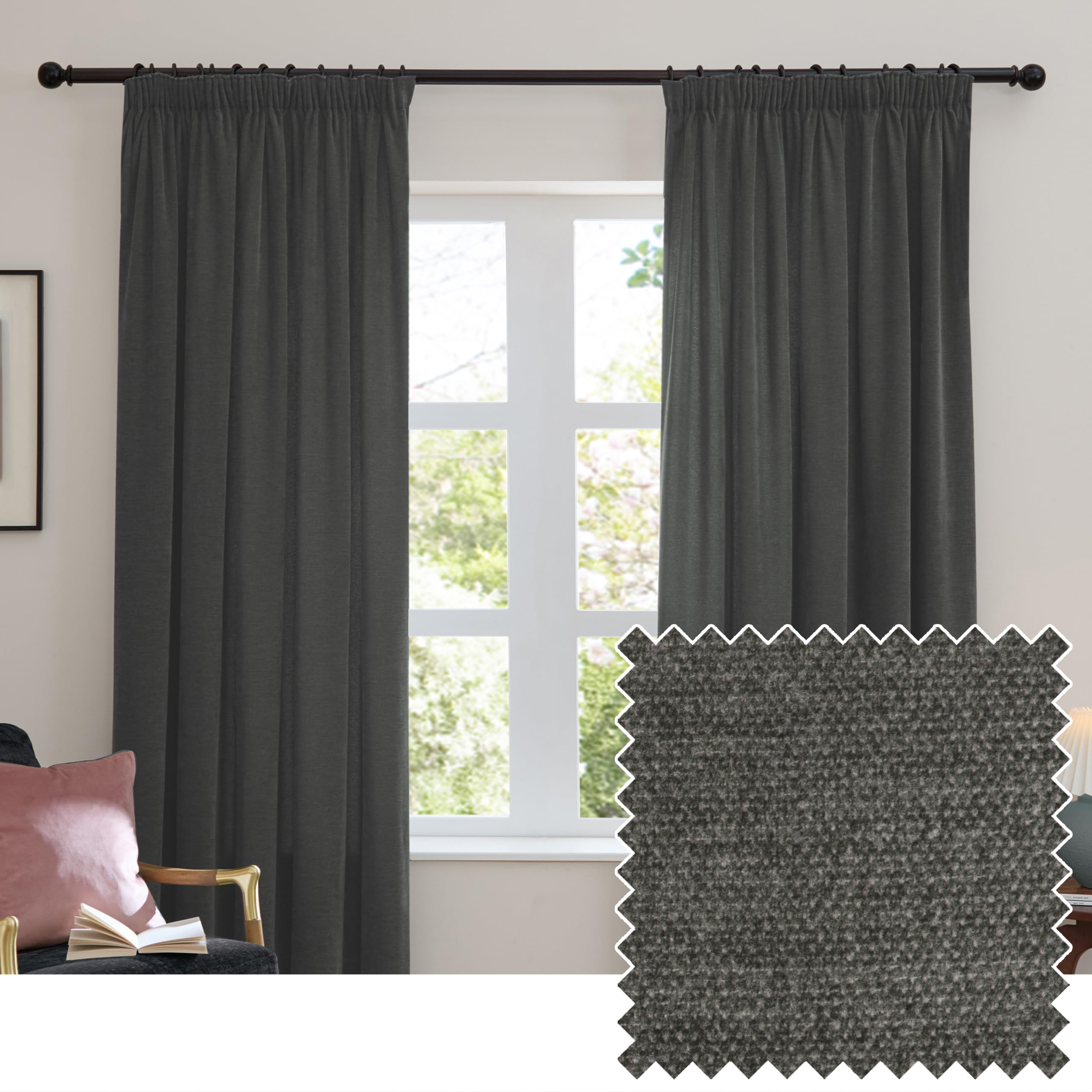 furn. Soft Chenille Blackout Pencil Pleat Curtain Pair – Soft Touch Matt Textured Lined Minimalist Curtains (Charcoal - 117x137cm)