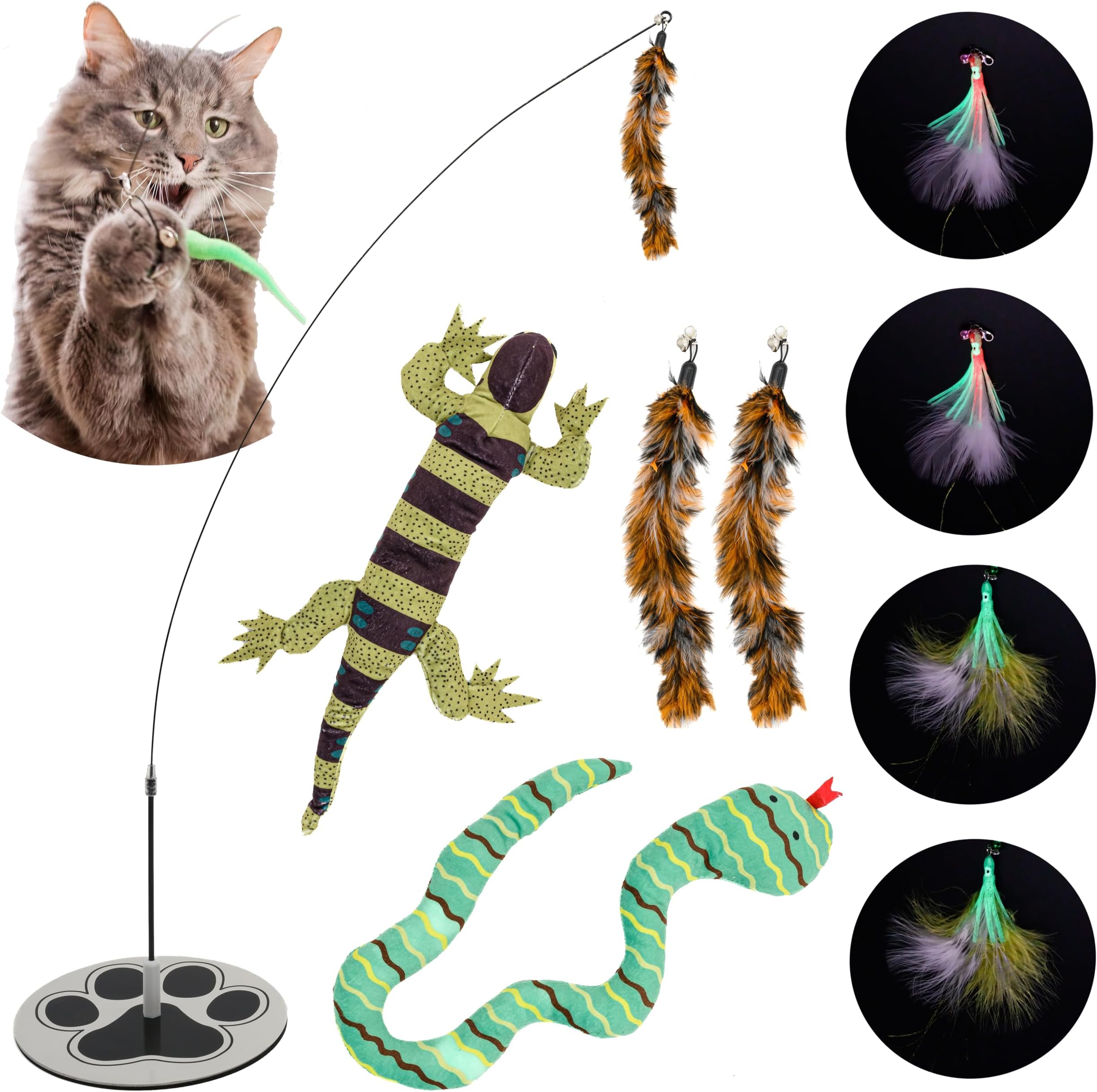 Interactive Cat Toys for Indoor Cats - Glow in Dark Octopus - XL Snake And Lizard Chew Toy - Round Base Teaser Wand - Bored Adult Feline Hunting Enrichment - Self Play Kitten Juguetes para Gatos