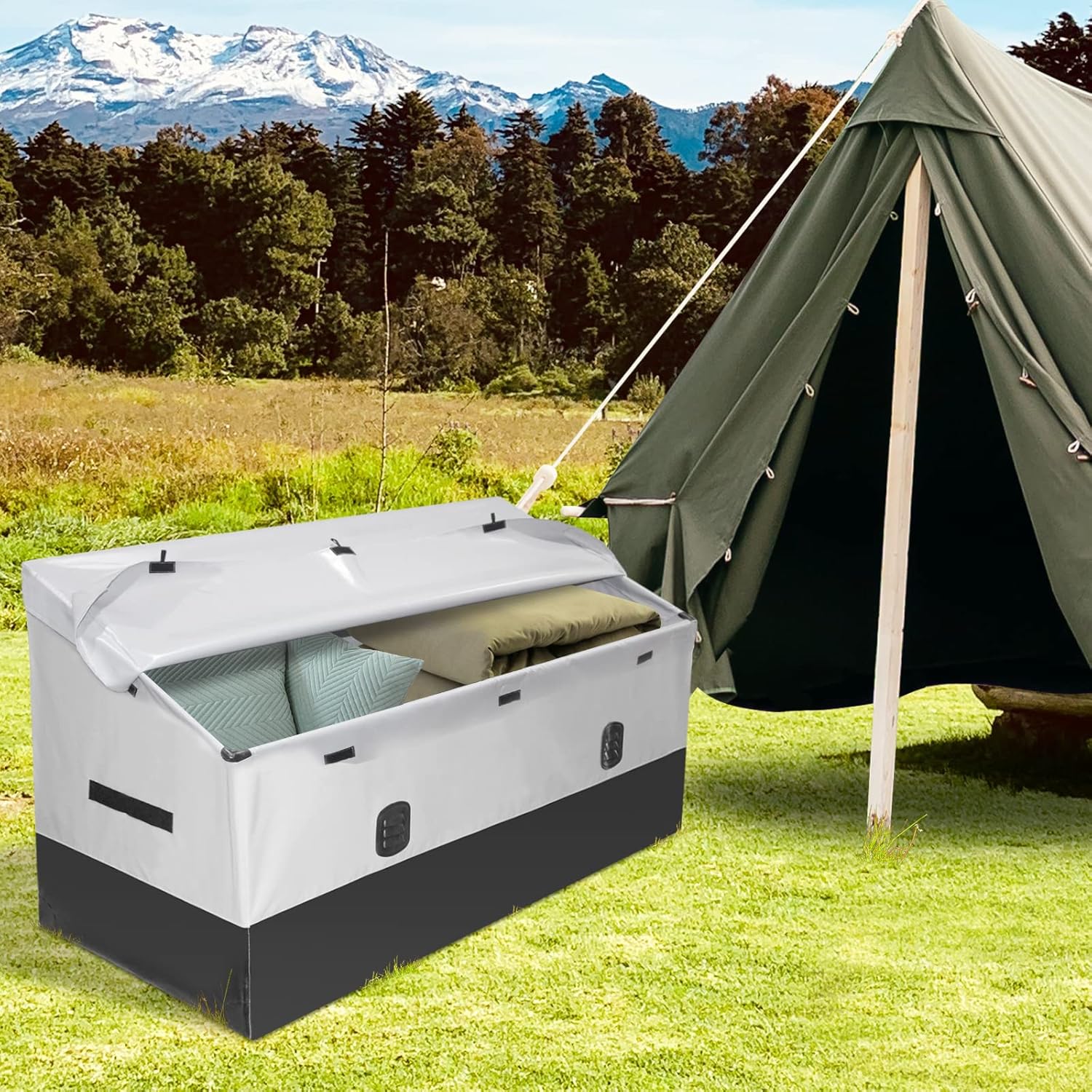 Outdoor Waterproof Storage Box, 150 Gallon, Waterproof PE Tarpaulin Deck Box w/Galvanized Metal Frame, All-Weather Protection & Portable, for Porch, Garden, Poolside, and Yard (Black & Grey)