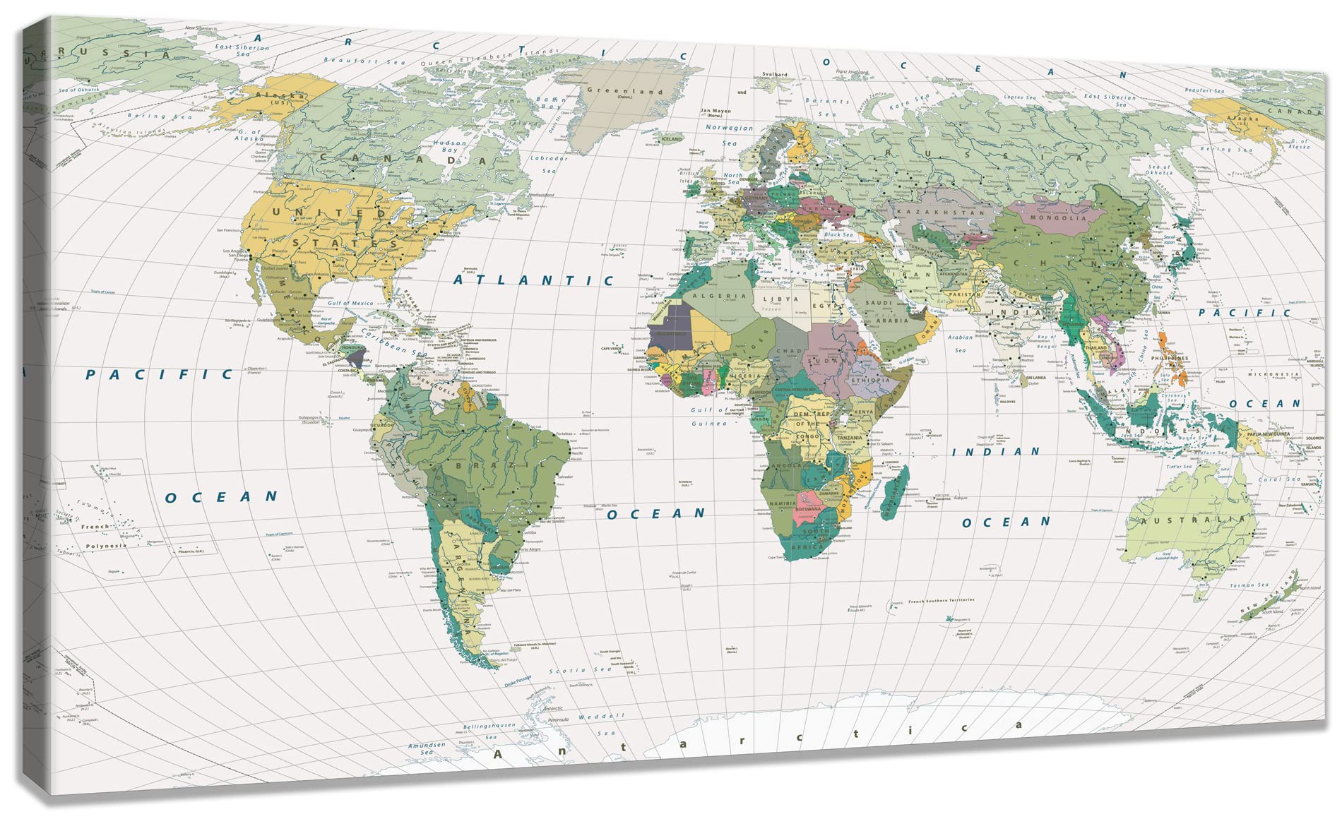 qorvami World Map Wall Art of The World Canvas Wall Decor Poster Framed Stretched Green Map Canvas Wall Art for Living Room Bedroom Office Home Decoration Large Size 20x40inch Ready To Hang