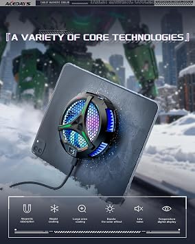 ACEDAYS iPad Cooler,Magnetic Tablet Cooler for ipad/Surface pro/Samsung Tab,iPad Cooing Fan with Temperature Display for Mobile Gaming,Tiktok Live Streaming (Green Mech+3 pcs Magnetic Suction Sheet)
