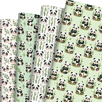 Pineraap 12 Sheets Panda Wrapping Paper, Cute Animal Gift Wrap Paper Green Bamboo Gift Packing Paper for Boys Girls Birthday Party Baby Shower, 20 x 28 Inch