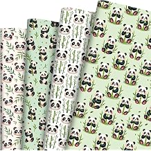 Pineraap 12 Sheets Panda Wrapping Paper, Cute Animal Gift Wrap Paper Green Bamboo Gift Packing Paper for Boys Girls Birthday Party Baby Shower, 20 x 28 Inch
