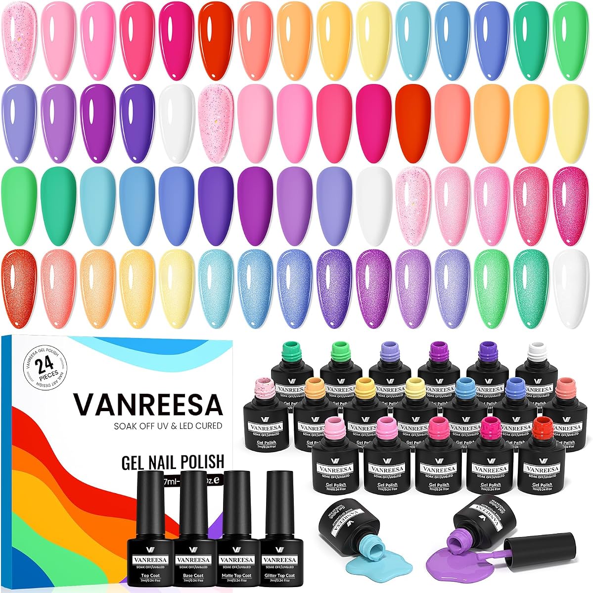 VANREESA 24 Pcs Gel Nail Polish Set - 20 Colors Summer Gel Nail Polish | Pink Red Orange Blue Green Purple Gel Polish, 1 Base Coat & 3pcs Glossy/Matte/Gloden Top Coats, Gel Nail Kit Gifts for Women
