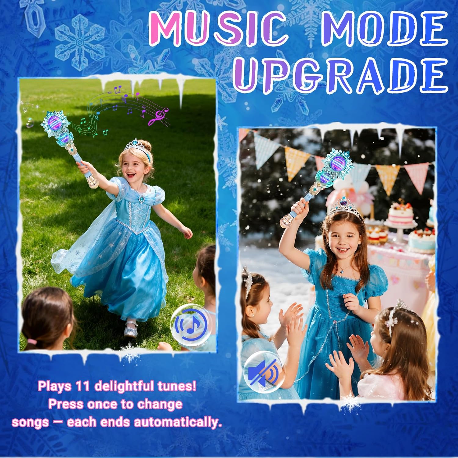 Snowflake Light Up Princess Wand with Dual Spinners & Music - Magic Fairy Toy Wand for Kids Girls - Birthday Dress-up Party Favors, Blue