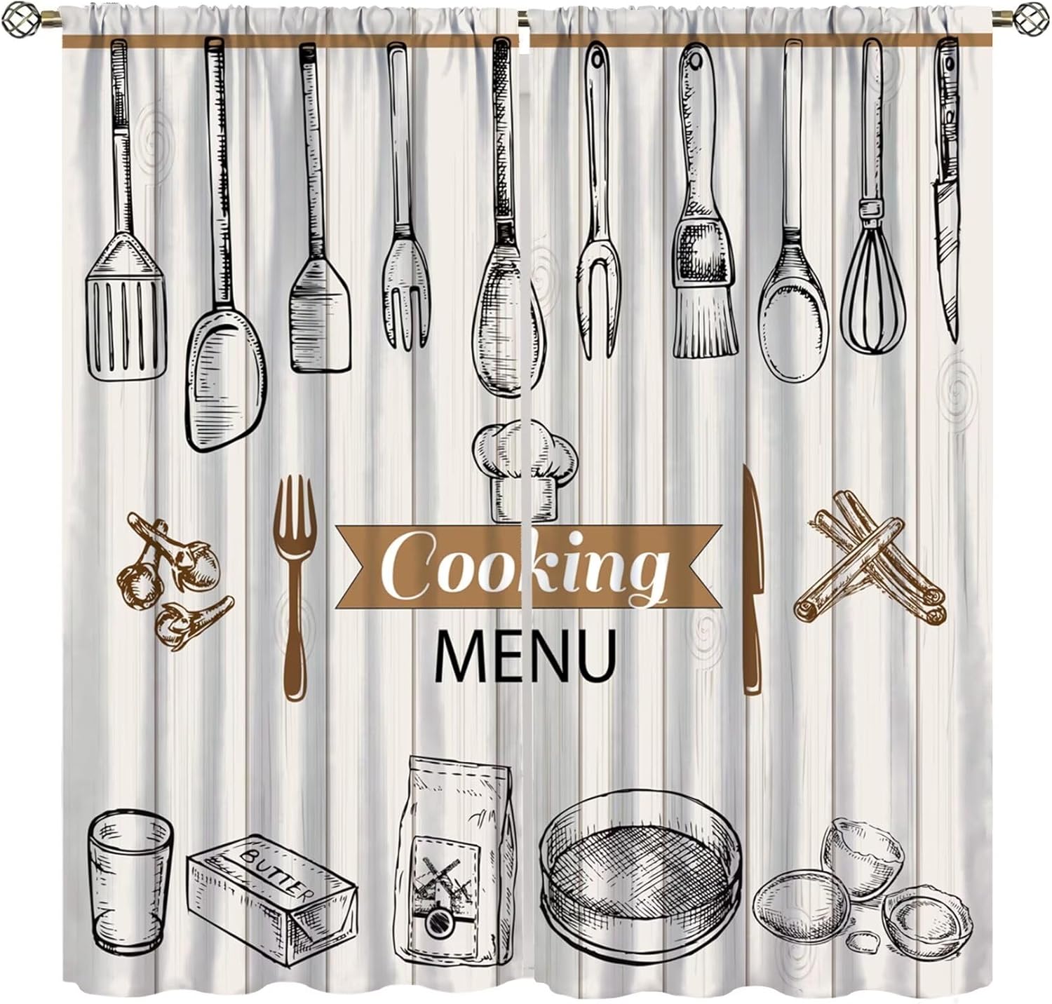 Farmhouse Kitchen Curtains, Rustic Country Fork Spoon Wooden Board Retro Vintage Wood Printed for Living Room Bedroom Window Drapes Set 2 Panels,42x63 Inches