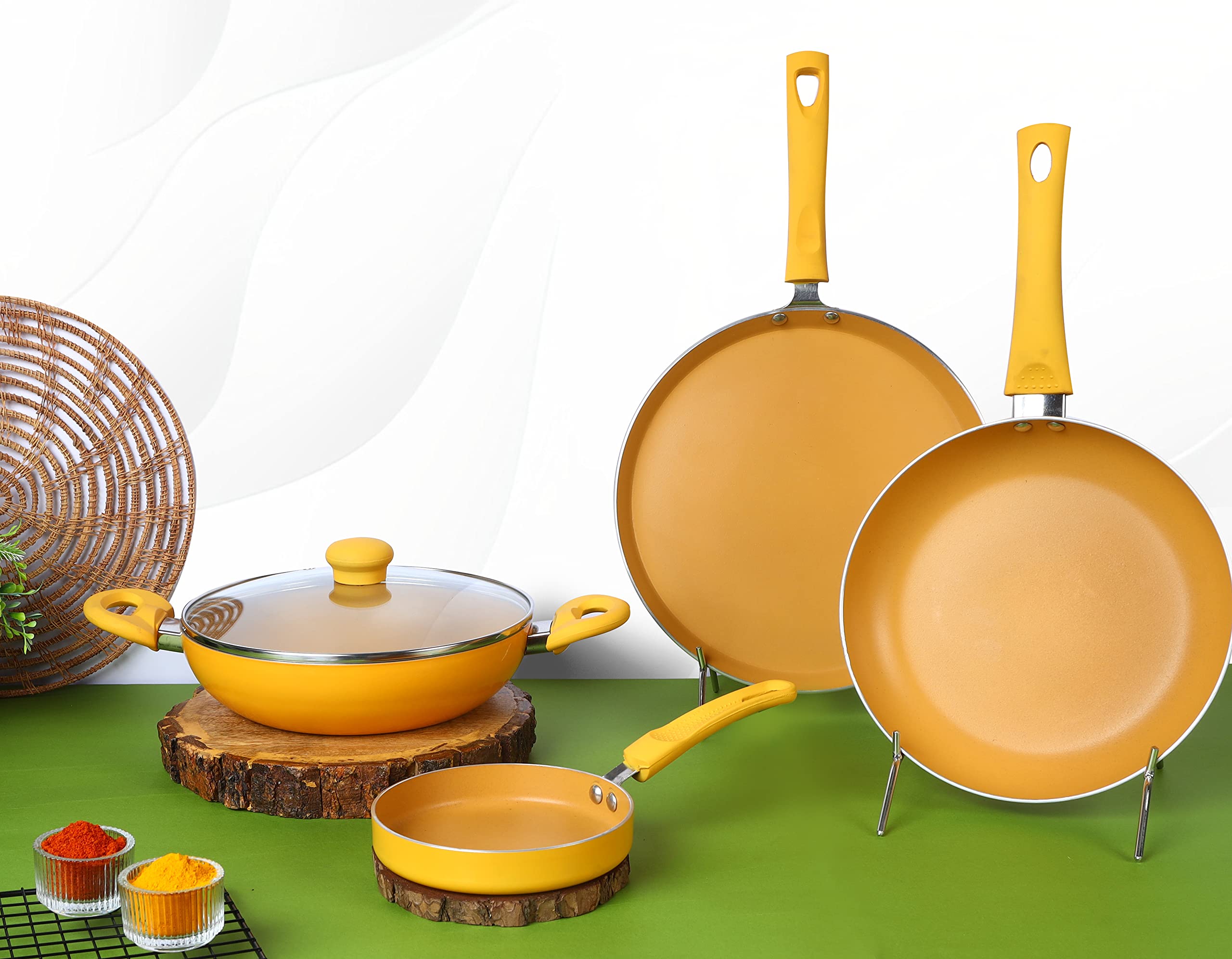 BOMBAY KOOKWARE 5 Piece Non Stick Set (24 CM KADAI, 24 CM Fry PAN (Common Glass LID), 28 CM DOSA TAWA, 15 CM Mini PAN) Yellow