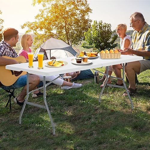 Miniatura 8 de GYMAX Mesas plegables de 6 pies, mesa de campamento portátil ligera con asa de transporte, fácil de plegar para interiores y exteriores, mesa
