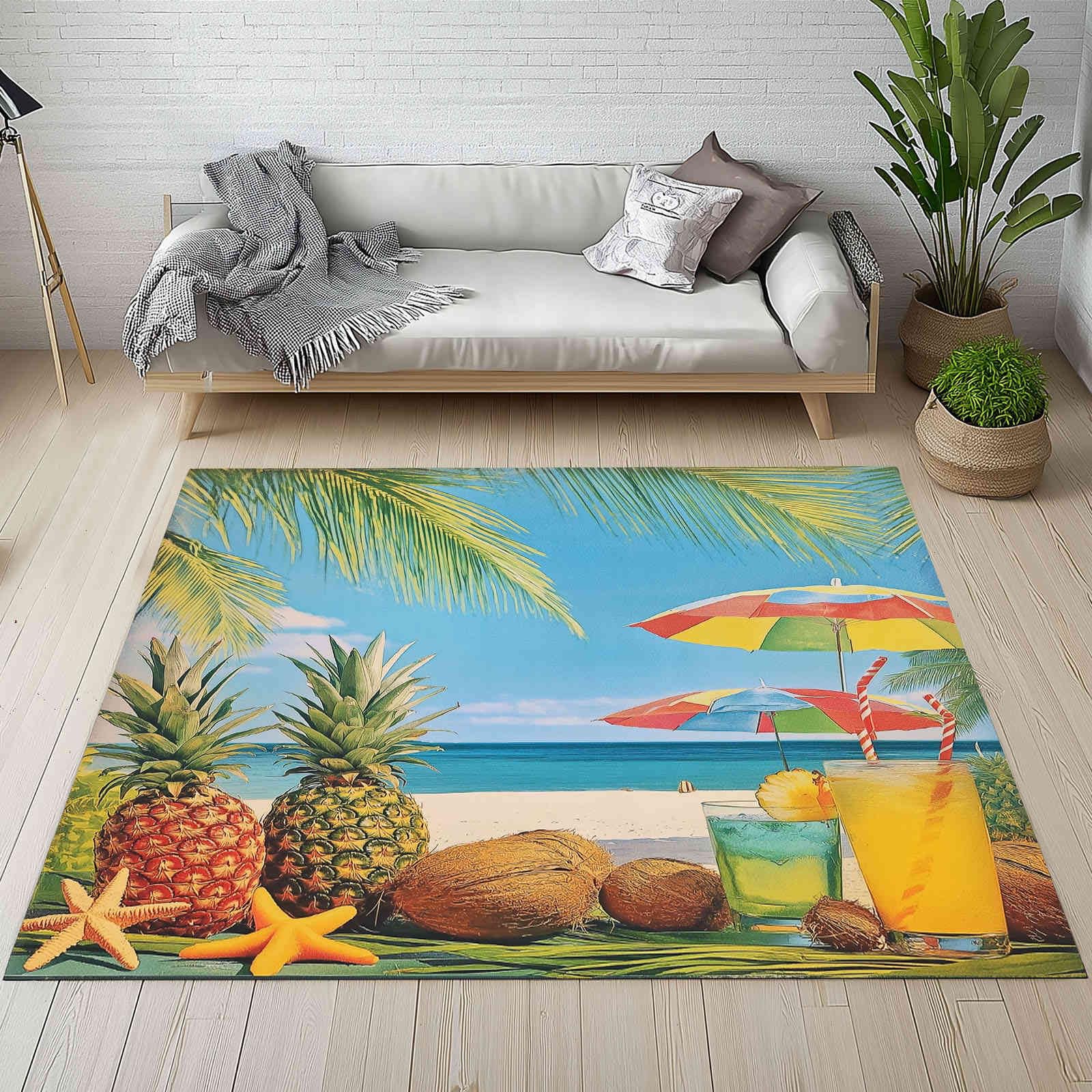 Beach Pineapple Coconut Washable Rugs 8x10 Area Rug for Living Room, Blue Bedroom Rug, Large Carpets, Non Slip Indoor Door Mat Throw Rugs for Laundry