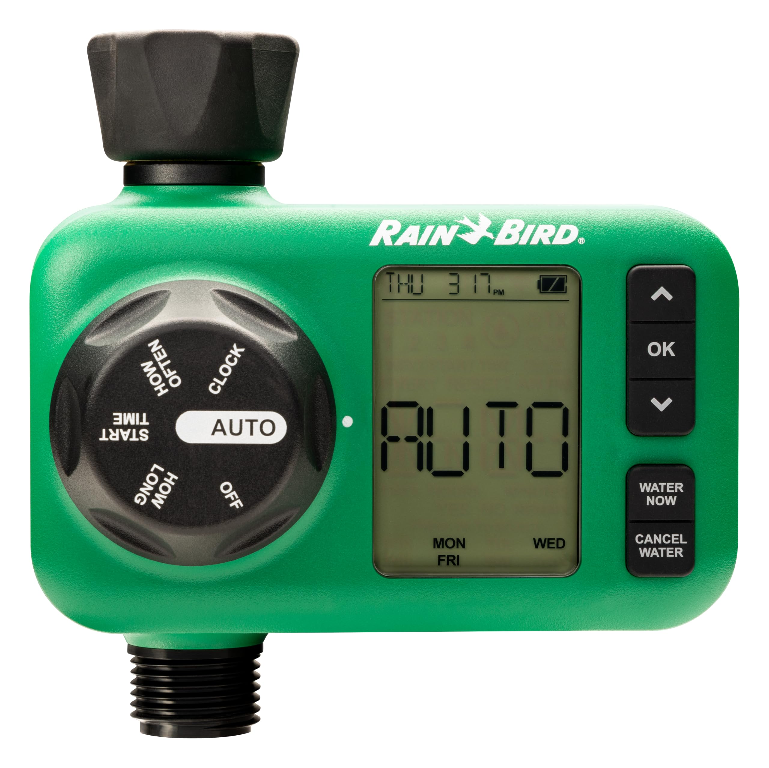 Rain Bird HET100 - Timer elettronico digitale per irrigazione e irrigazione, funzionamento a batteria, filettatura per tubo da giardino da 3/4", ingresso in ottone resistente, 1 uscita/porta