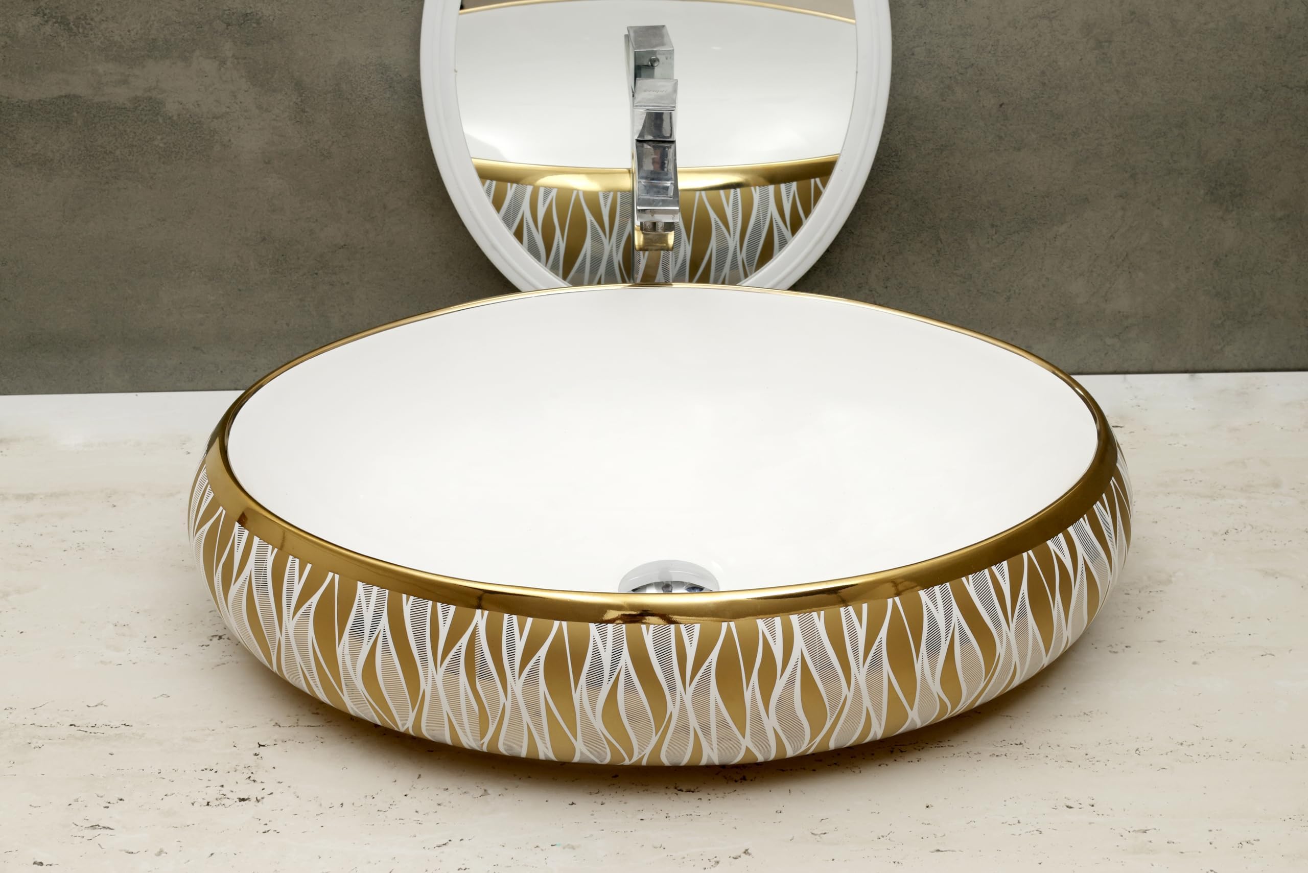 HISRE Designer Ceramic Table Top Sink Basin for Bathroom | Over Counter Wash Basin for Living Room | Washbasin Countertop (24 x 17 x 5.5 Inch) (Style - 5) G2207